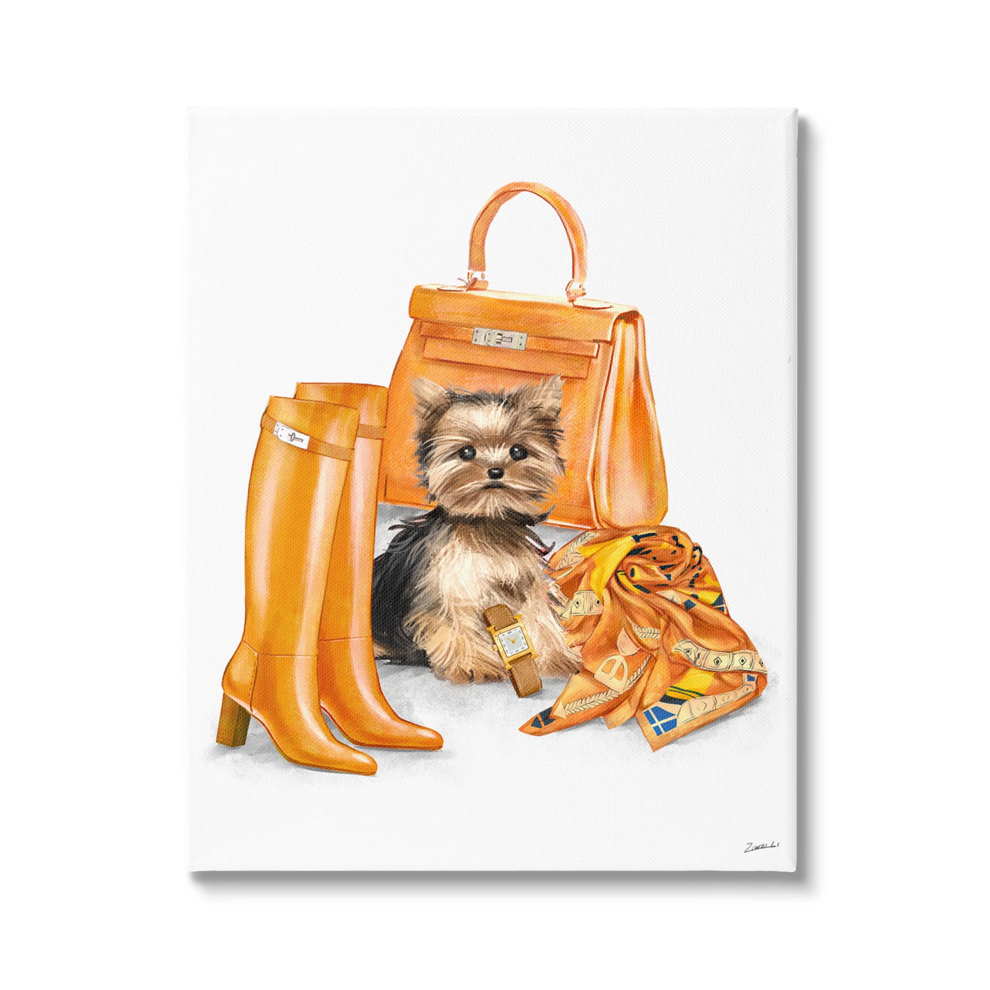 Stupell Industries Orange Yorkie Puppy Dog Fashion Purse Accessories - Cute Yorkie Design by Ziwei Li, 36x48 Inch Orange Wall Art - Perfect for Pet Lovers, Home Decor & Gift Ideas