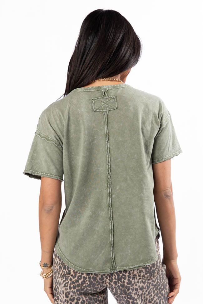 Tell Me About It Olive Acid Wash Scoop Neck Tee - Vintage Distressed Women's T-Shirt for Casual Wear & Street Style | Final Sale