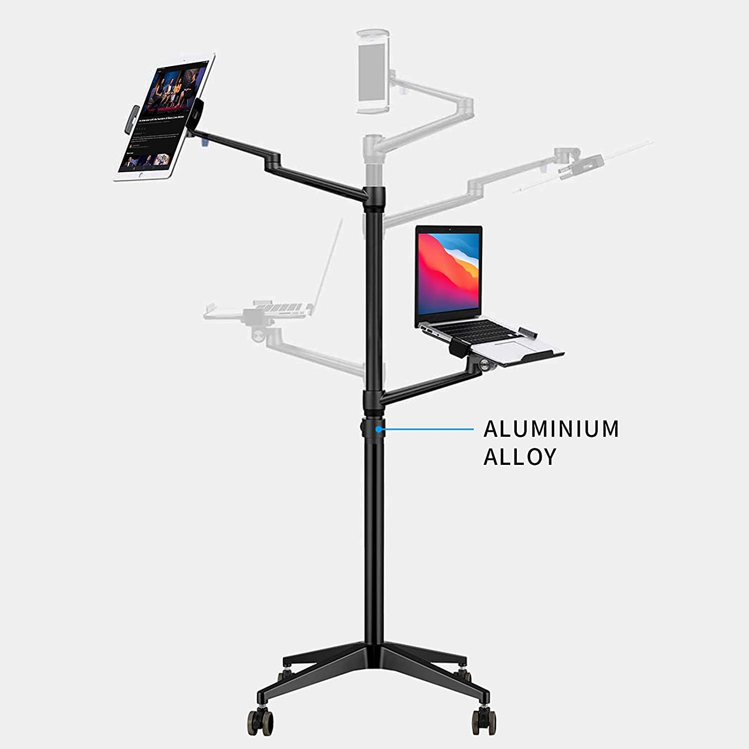 Adjustable Triple Arm Rolling Stand Mount for Laptop (11-17 inch), iPad Pro 12.9 inch, Tablet & Ereader - Black | Perfect for Home Office, Gaming & Remote Work