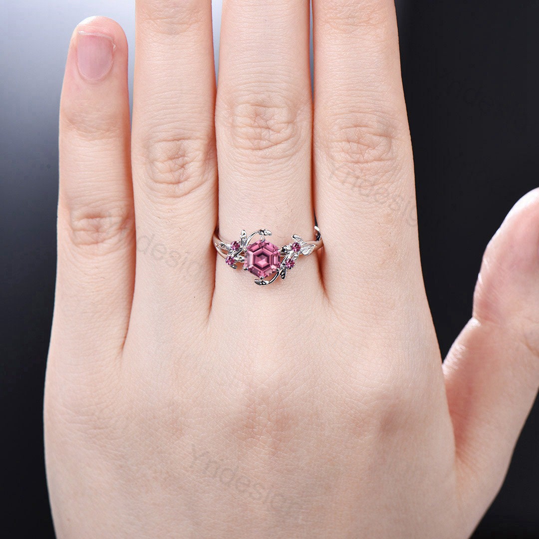 Natural Pink Tourmaline Ring 14K White Gold - Vintage Twig Engagement Ring, Leaf Branch Wedding Band - Unique Anniversary Gift for Women - Perfect for Romantic Proposals, Weddings & Special Occasions