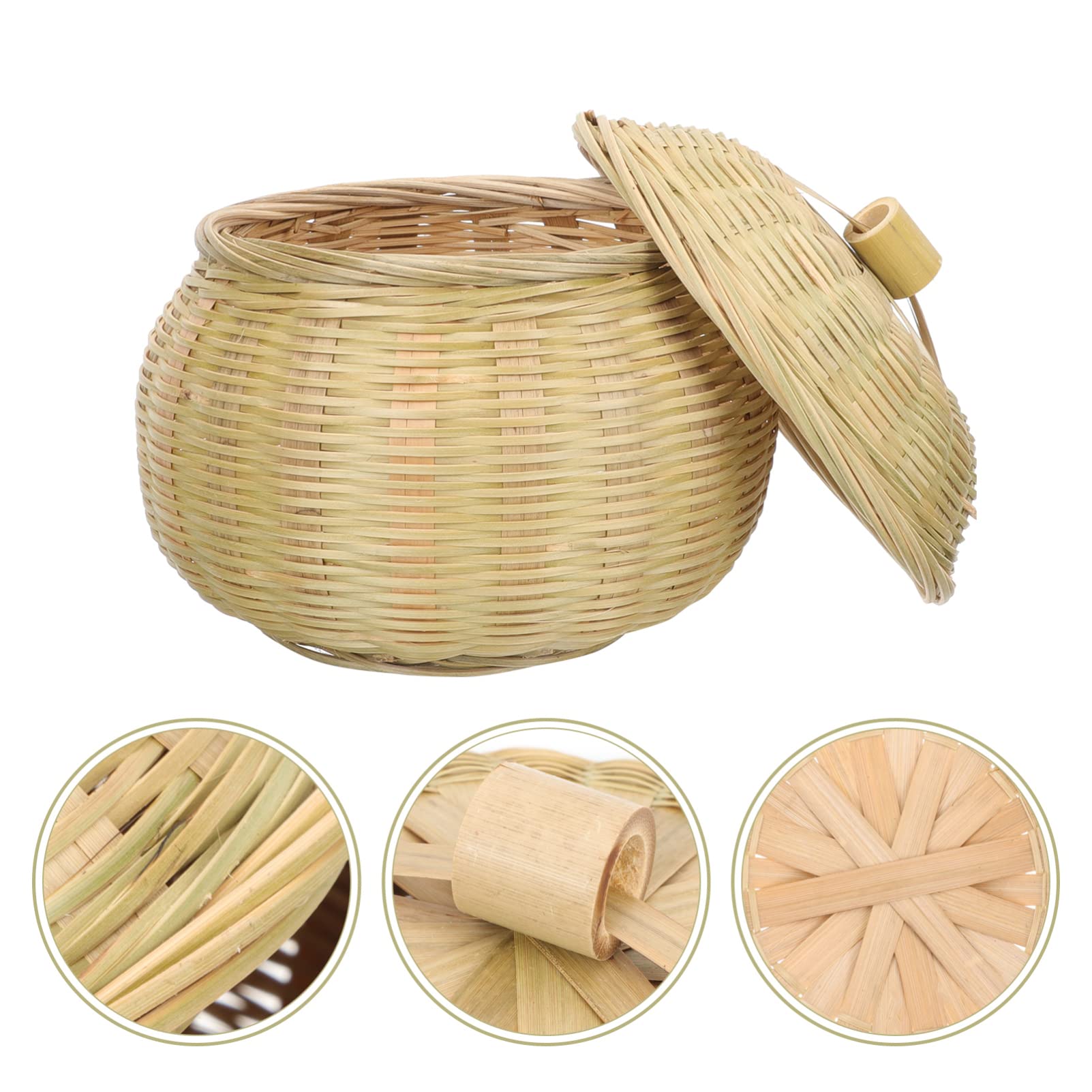 YARDWE Bamboo Woven Storage Basket with Lid - 15x14cm Round Organizer Bin for Food, Bread, Table Decor | Perfect for Kitchen, Pantry & Home Organization