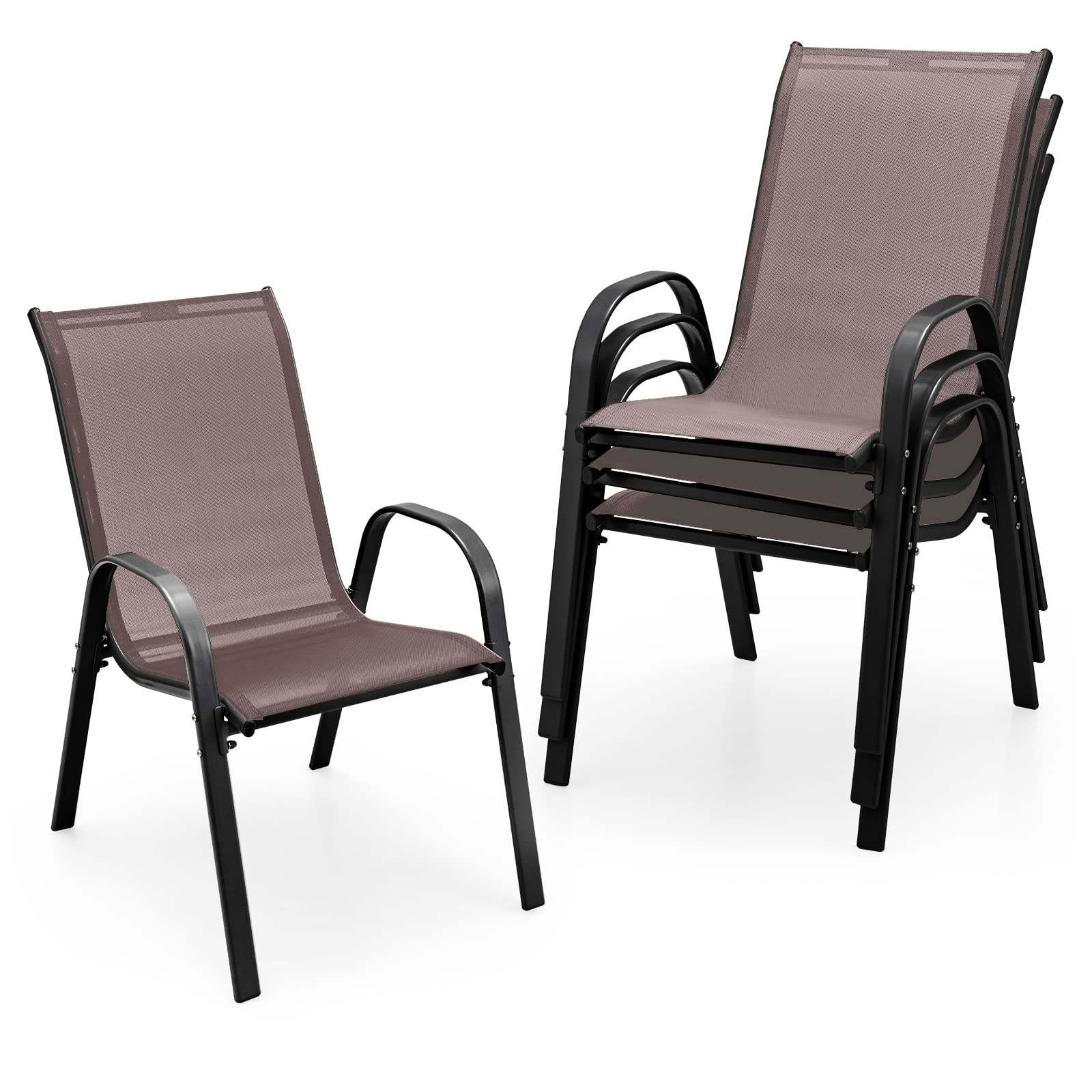 Tangkula 4-Piece Stackable Patio Dining Chairs Set - Heavy Duty All-Weather Outdoor Chairs with Armrests, 330 lbs Weight Capacity - Perfect for Poolside, Backyard, Garden, Deck, Front Porch & Outdoor Dining (Brown)