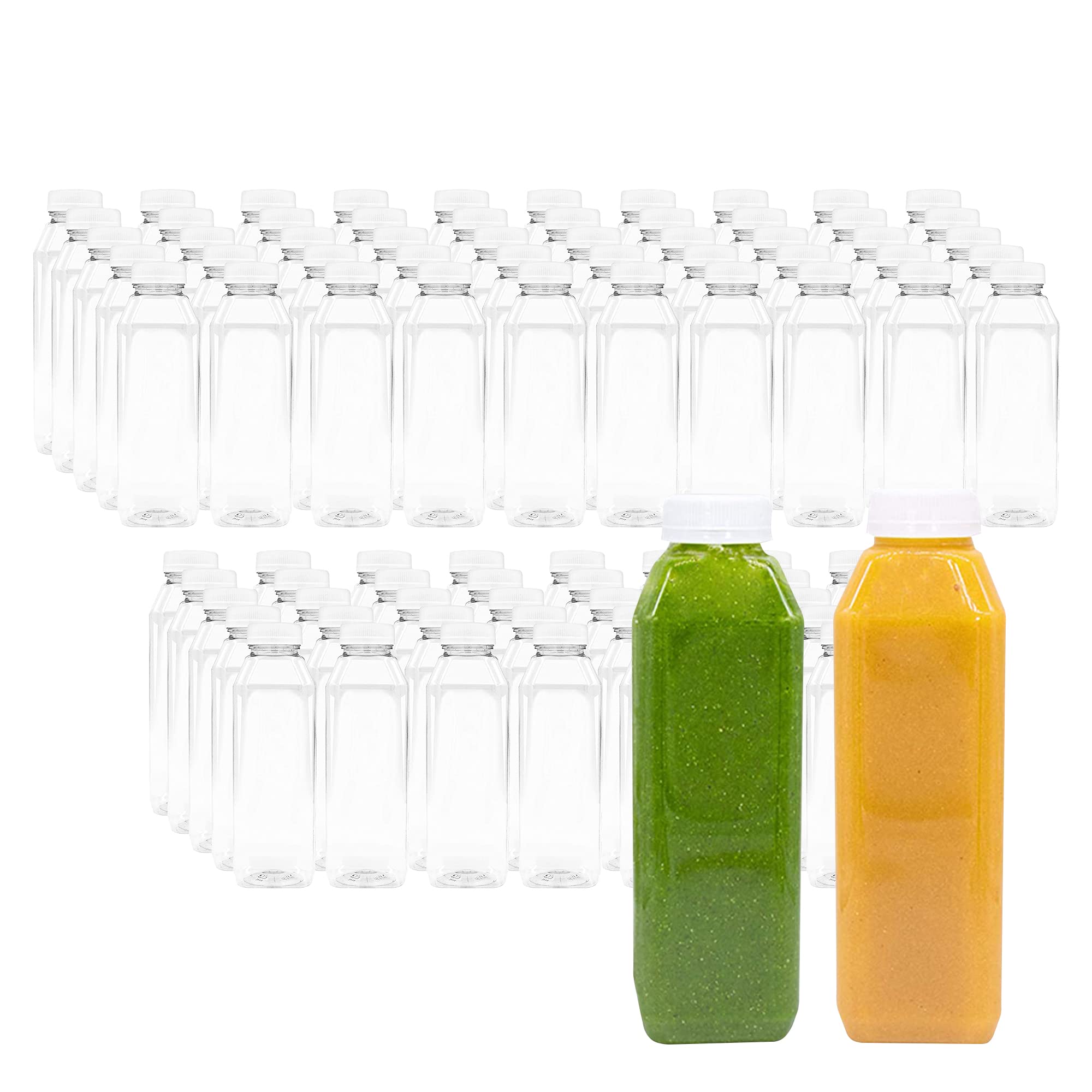 90-Pack 16oz Clear PET Plastic Juice Bottles with Black Tamper Evident Caps - Reusable Empty Milk Containers for Juice, Smoothies, Meal Prep & Bulk Storage - BPA Free Food Grade Bottles (90 Count)