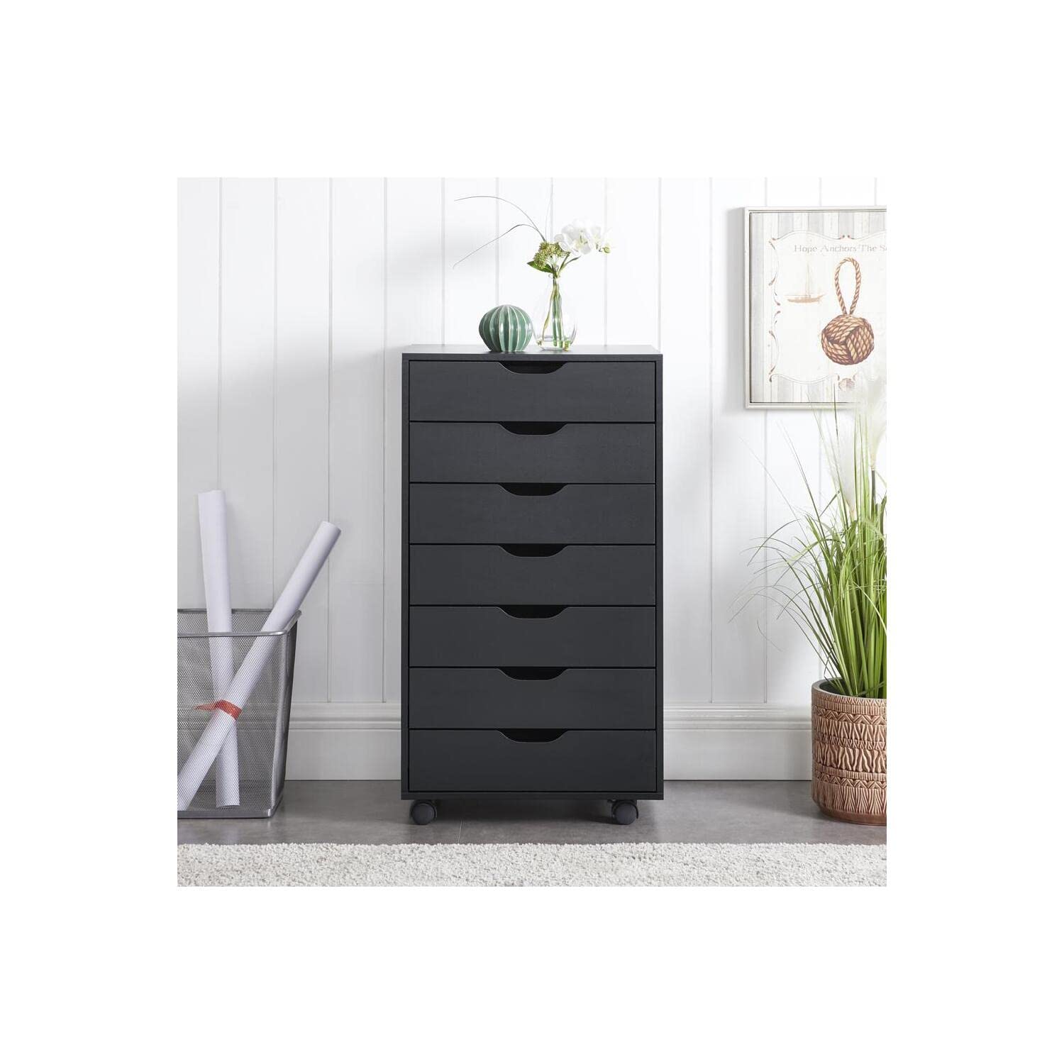 Naomi Home 7-Drawer Dresser for Bedroom - Tall Rolling Dresser with Storage Shelves & 180 lbs Capacity - Small Makeup Vanity for Closet - Black - Perfect for Small Spaces, Dorm Rooms & Apartment Organization