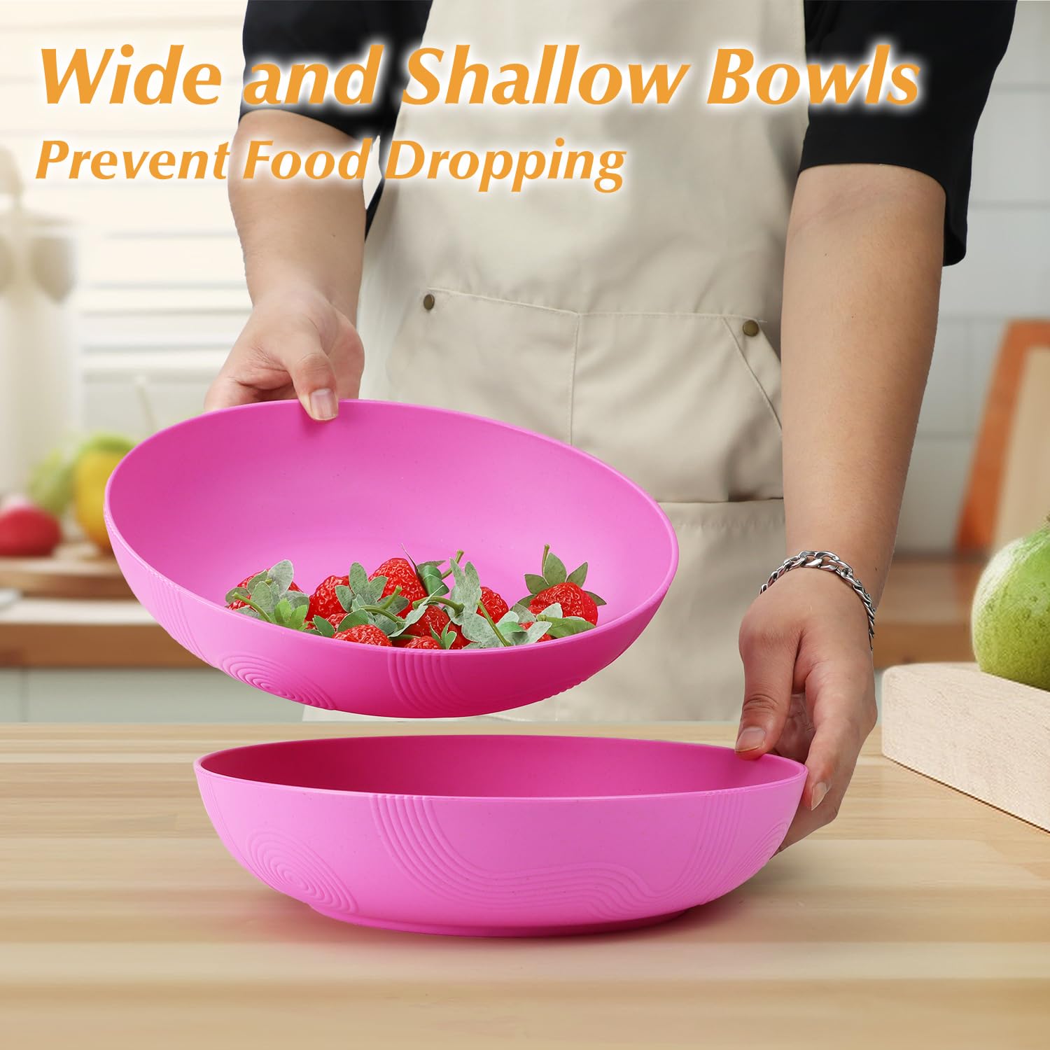 65 oz Large Wheat Straw Salad Bowls 2 Pack - 10 Inch Wide & Shallow Reusable Plastic Serving Bowls - Dishwasher Safe for Cereal, Pasta, Fruit - Perfect for Family Dinners, Picnics, Party Snacks (Pink)
