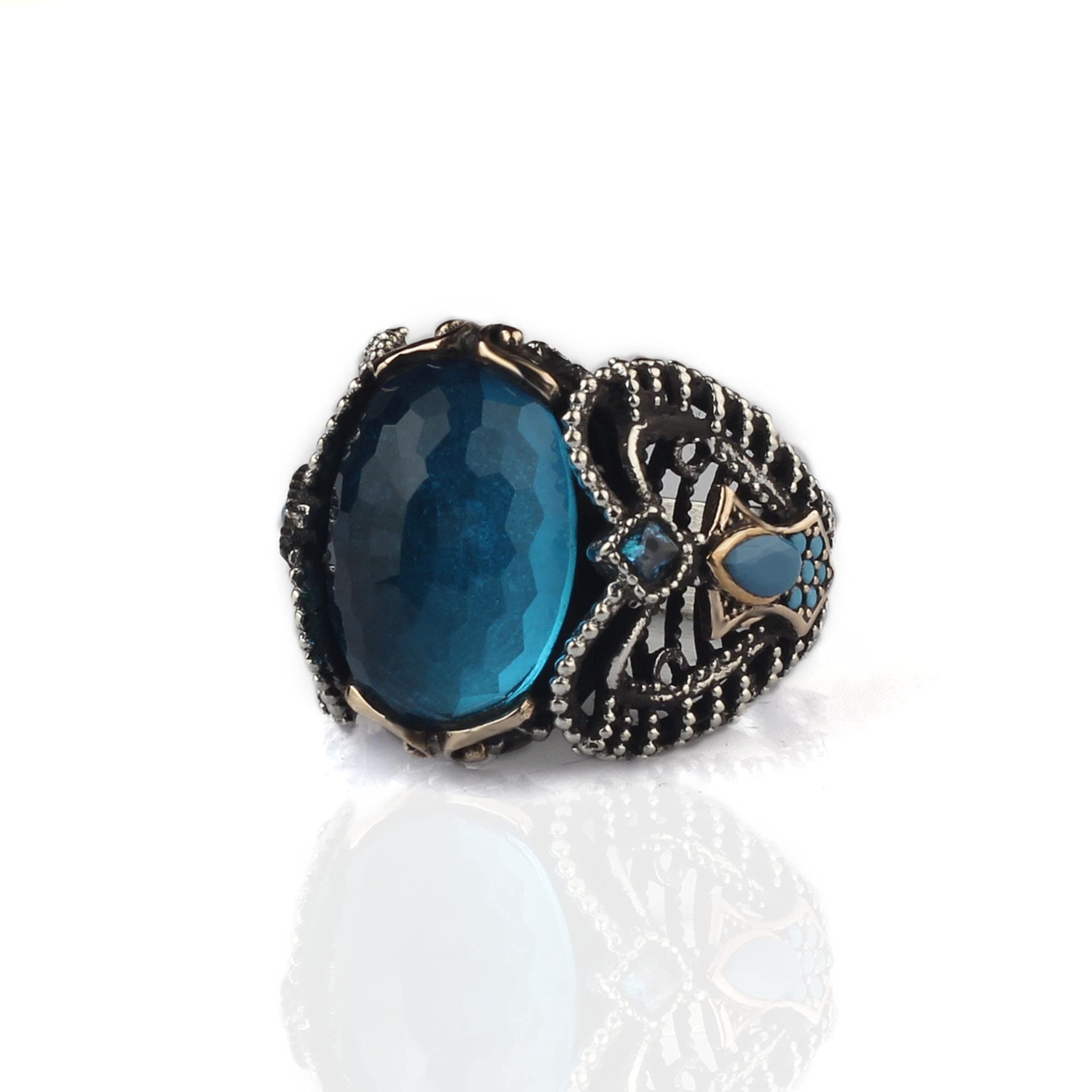 925 Sterling Silver Men's Ring with Blue Topaz Gemstone - Handmade Engraved Turkish Silver Jewelry for Men - Perfect Valentine's Day Gift, Anniversary Present & Everyday Wear Accessory