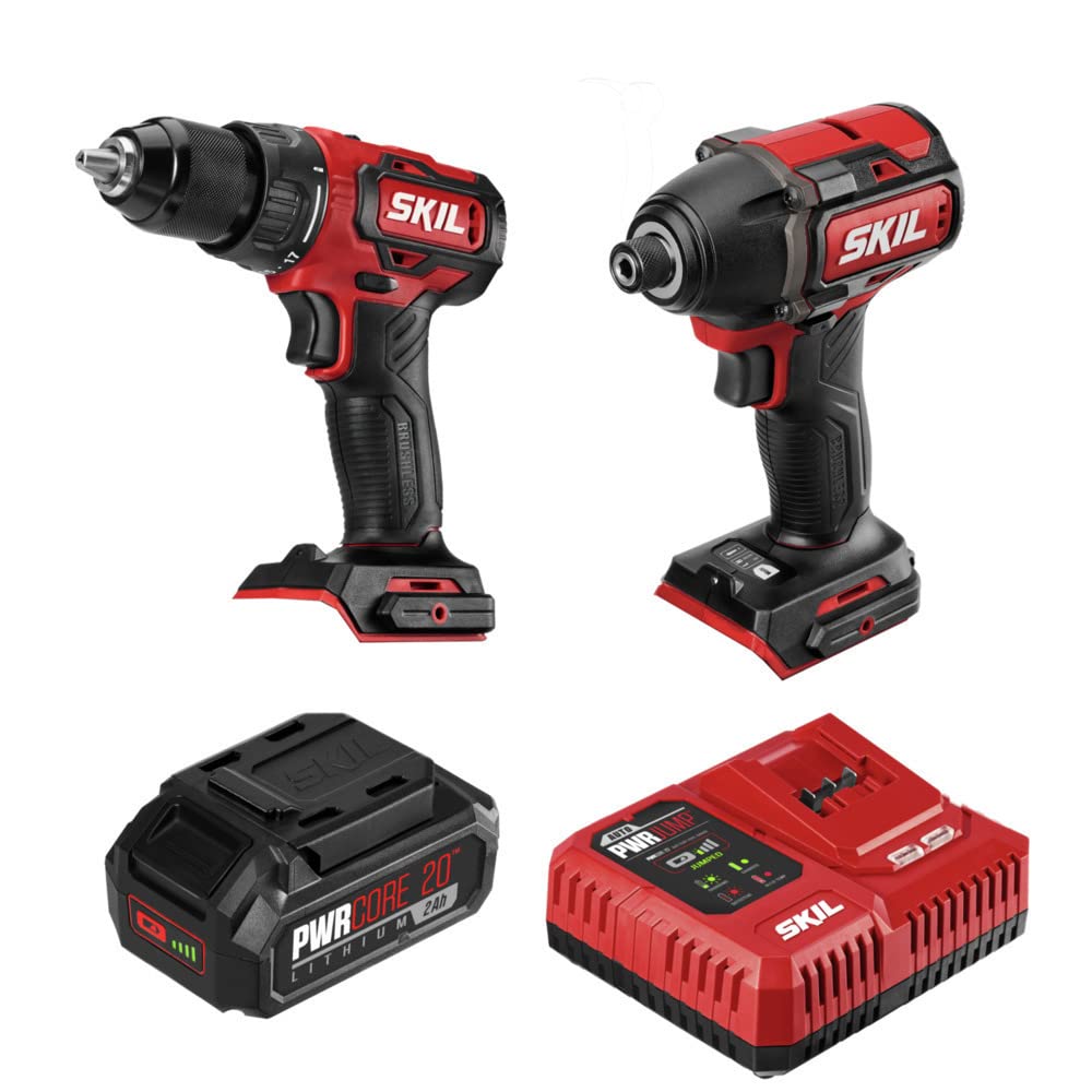 SKIL PWR CORE 20 Brushless 20V Cordless Drill Driver & Impact Driver Combo Kit with 2.0Ah Lithium Battery & PWR JUMP Charger (CB743701, Red) - Perfect for DIY Projects, Home Repairs & Professional Construction Work