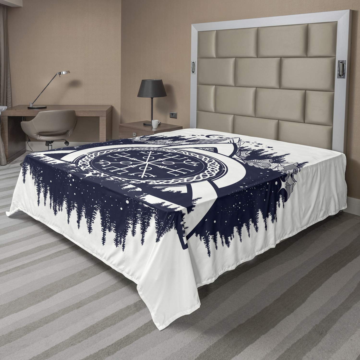 Ambesonne Queen Size Flat Sheet - Dark Blue & White Celtic Knot Tridents Forest Mountains Scandinavian Design | Soft, Comfortable Decorative Top Bedding for Cozy Nights | Perfect for Guest Rooms, Dorms & Scandinavian-Themed Bedrooms