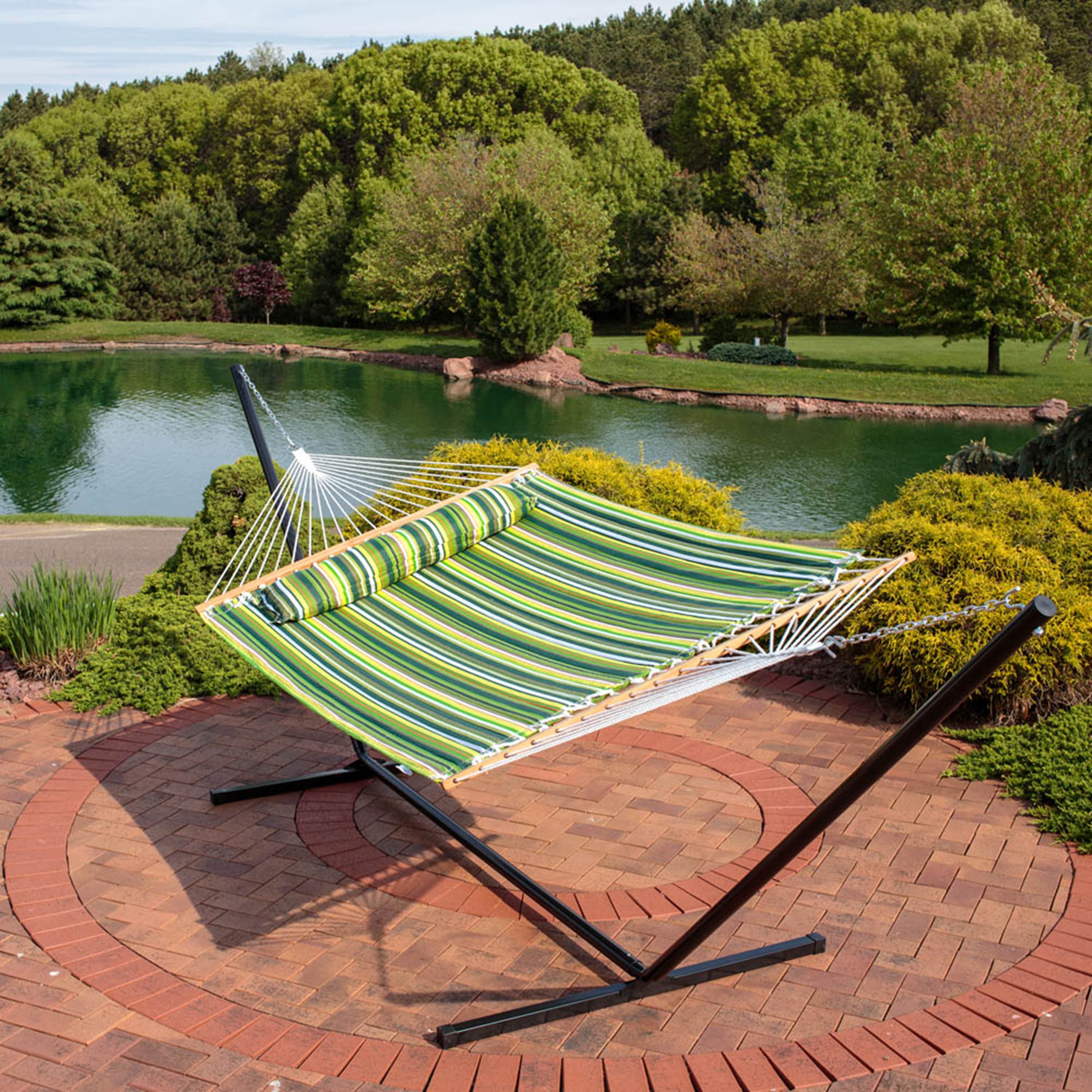 Sunnydaze 2 Person Quilted Fabric Double Hammock with Pillow - Portable Outdoor Hammock for Backyard, Camping & Beach Relaxation