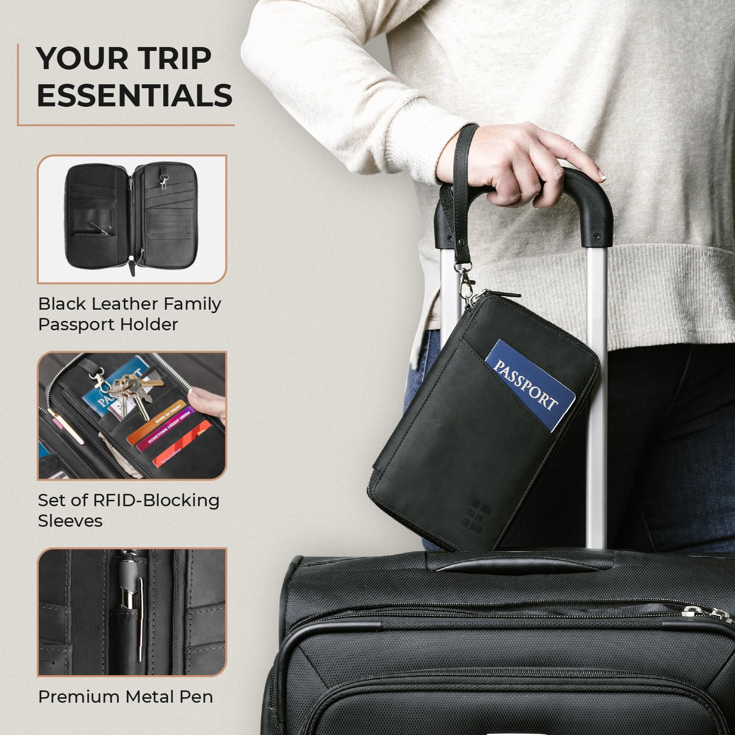 Premium Genuine Top Grain Leather Passport Holder for Family - RFID Blocking Travel Wallet Organizes 6 Passports, Cards, Cash & Documents - with Wrist Strap, Key Ring & YKK Zipper (Midnight Black) - Perfect for International Travel, Family Vacations & Secure Document Storage
