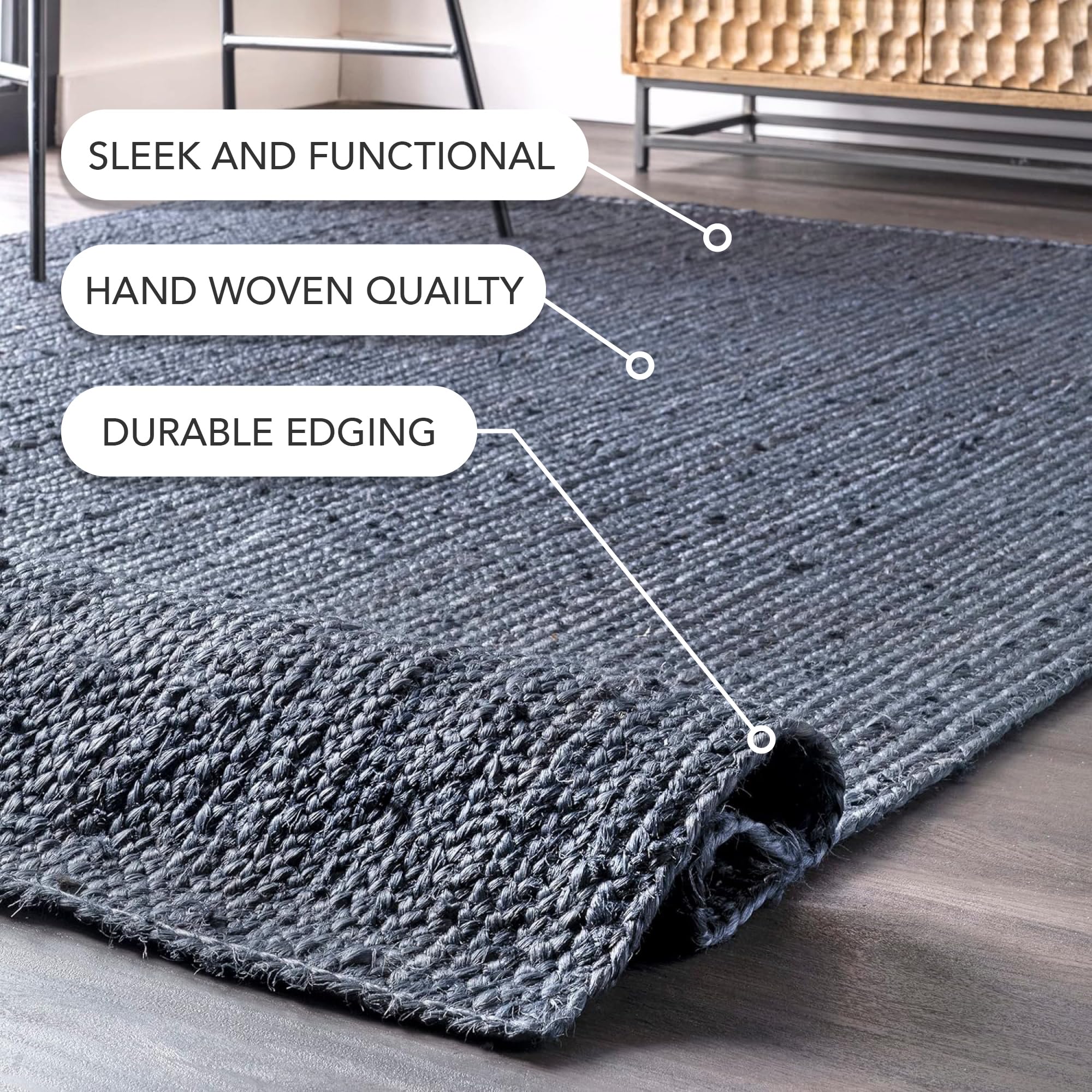 nuLOOM 5x8 Rigo Jute Hand Woven Area Rug - Navy Blue Solid Farmhouse Design | Natural Fiber Jute Rug for Bedroom, Living Room, Dining Room | Durable & Eco-Friendly Floor Mat for Hallway, Office, Kitchen & Entryway | Perfect for Boho, Coastal & Rustic Home Decor