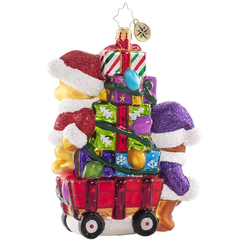 Christopher Radko Hand-Blown European Glass Christmas Ornament - Toting Treasure Teddies Bear Figurine | Elegant Holiday Tree Decoration for Home, Office & Festive Gift Giving