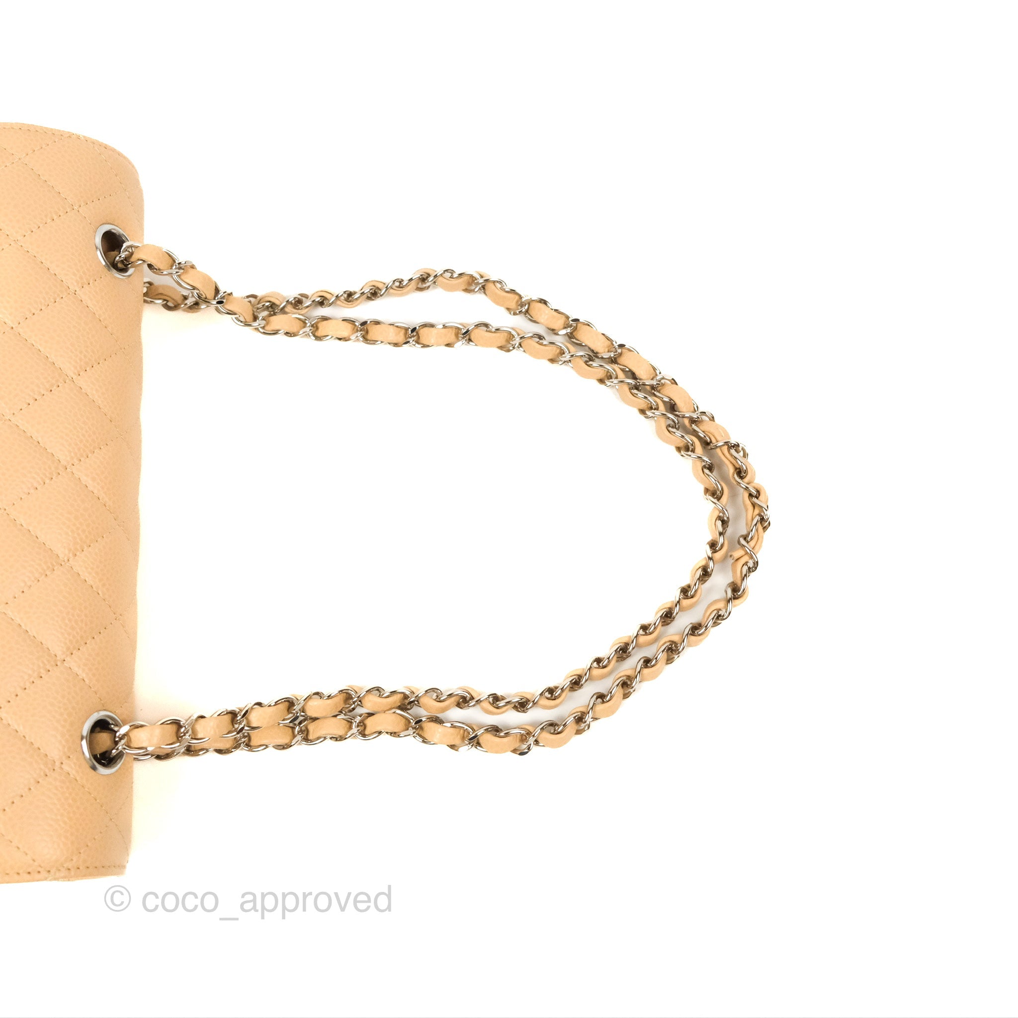 Chanel Classic Medium Double Flap Bag Quilted Beige Caviar Leather with Silver Hardware - Luxury Designer Handbag for Women, Perfect for Work, Evening & Special Occasions