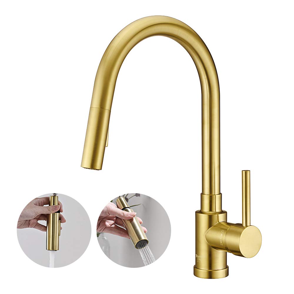 Oakland Brass High Arc Kitchen Faucet with Pull Down Sprayer - 1 Hole Bronze Gold Single Handle Sink Faucet, 2 Function Spot-Free Sprayer (Brushed Gold) KSK1120 | Perfect for Modern Kitchens & Easy Dishwashing