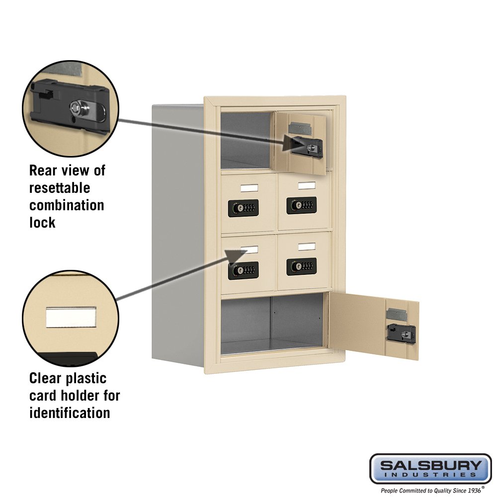 Salsbury Industries 19048-07SRC 4-Unit Recessed Wall Mount Cell Phone Locker with Resettable Combination Locks - 8-Inch Diameter Sandstone Compartments for Schools, Gyms & Offices - Secure Storage Solution for Phones, Tablets & Valuables