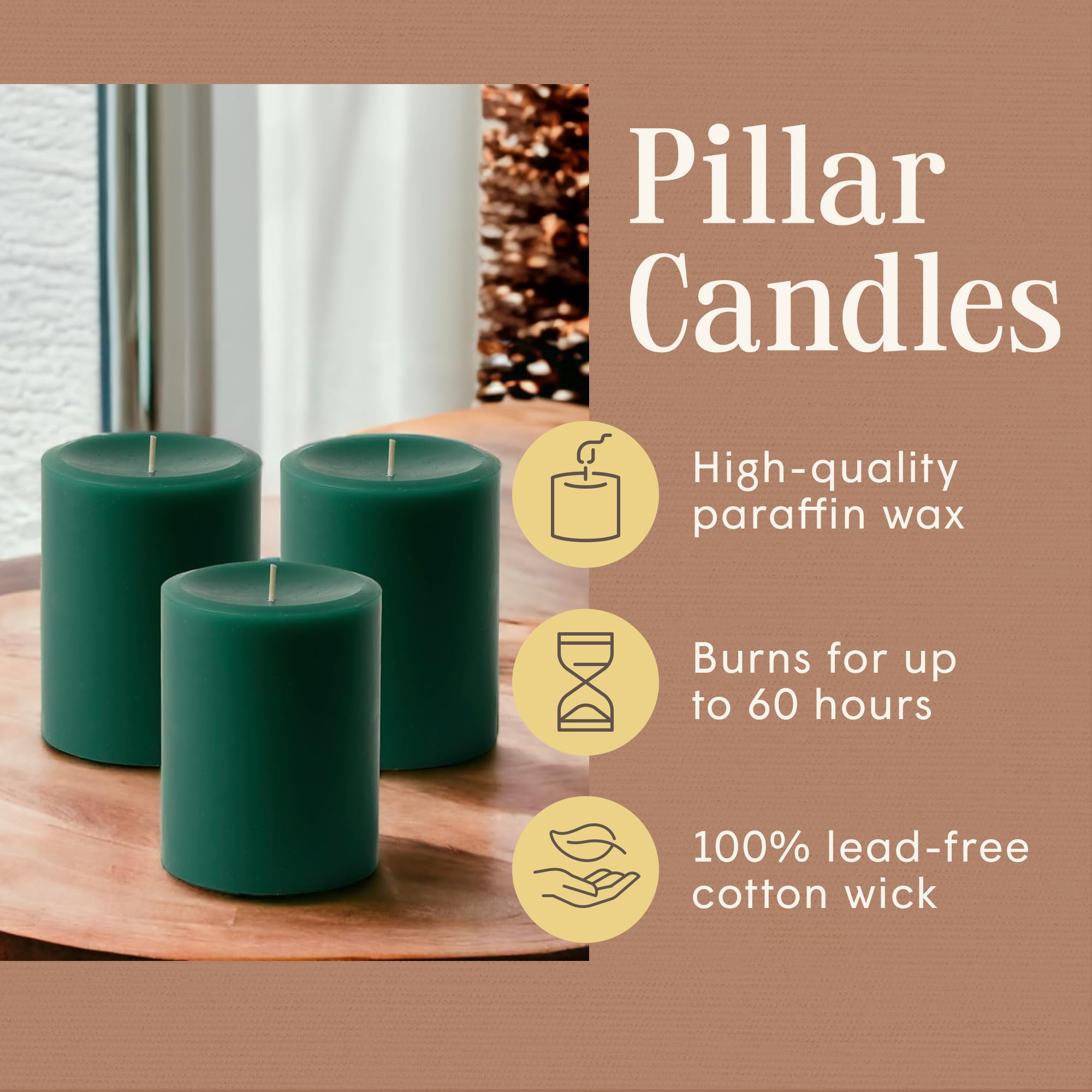 Premium Unscented Dripless Pillar Candles Set of 3 - Hand-Poured Solid Green Wax Candles for Home Decor, Wedding Centerpieces & Romantic Dinners - 4
