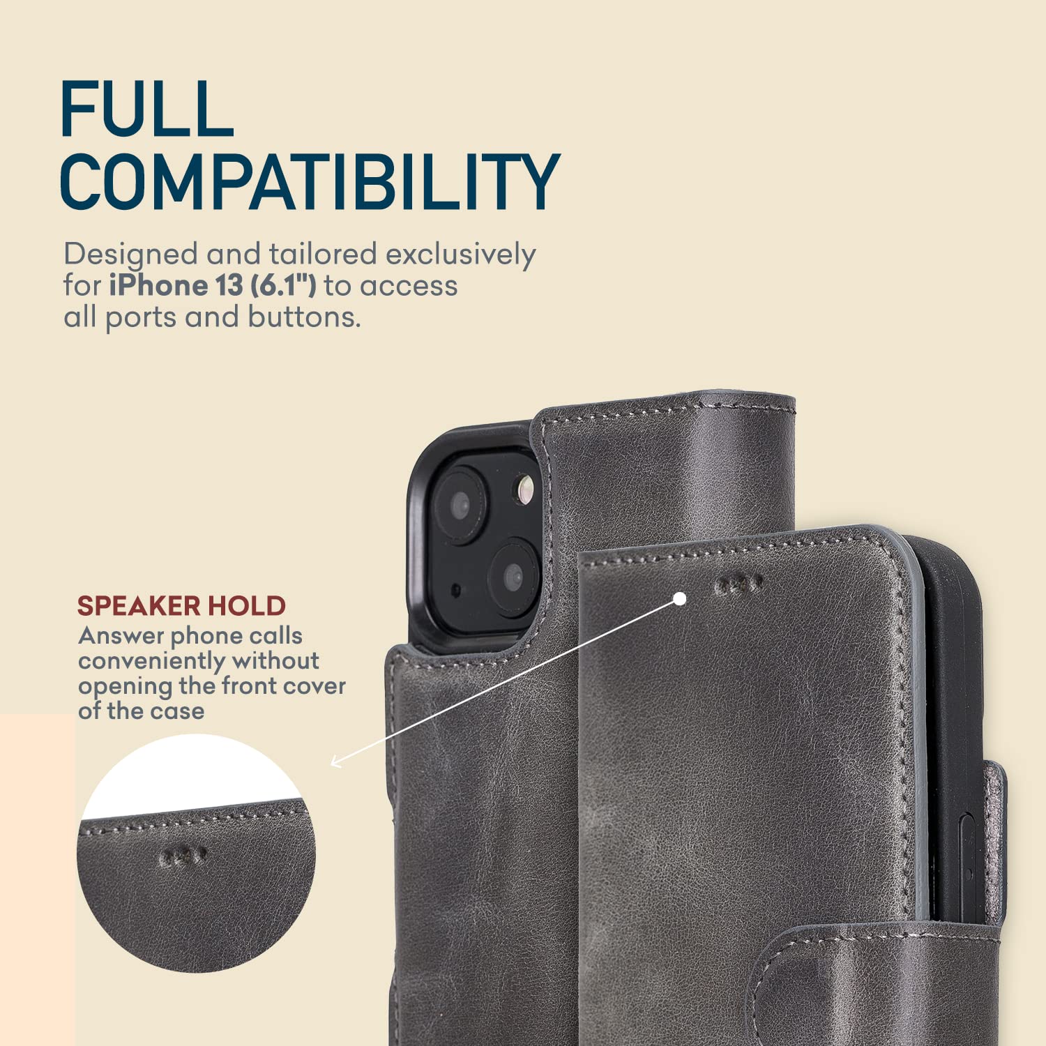 Bayelon Genuine Leather iPhone 13 Case with Detachable Magnetic Wallet - 2-in-1 Flip Cover with Card Slots & Kickstand | Compatible with MagSafe (Smoked Black) | Perfect for Business Travel & Everyday Use