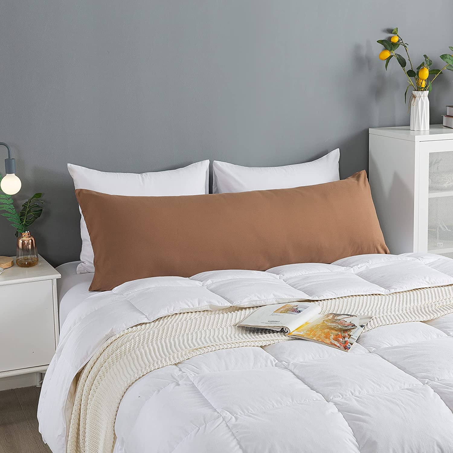 ELNIDO QUEEN Body Pillow with Removable Pillowcase - 20x54 Inches Soft Long Bed Pillow for Adults - Breathable Full Body Support Pillow for Side Sleepers, Pregnancy, and Back Pain Relief - Brown