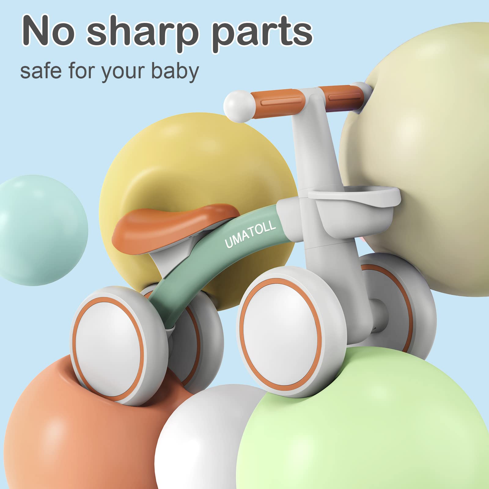 Umatoll Baby Balance Bike for 1-2 Year Olds | Adjustable Seat 4-Wheel Toddler Bike with Removable Basket | First Birthday Gift for Boys & Girls | Perfect for Indoor Play & Outdoor Learning to Ride | Green
