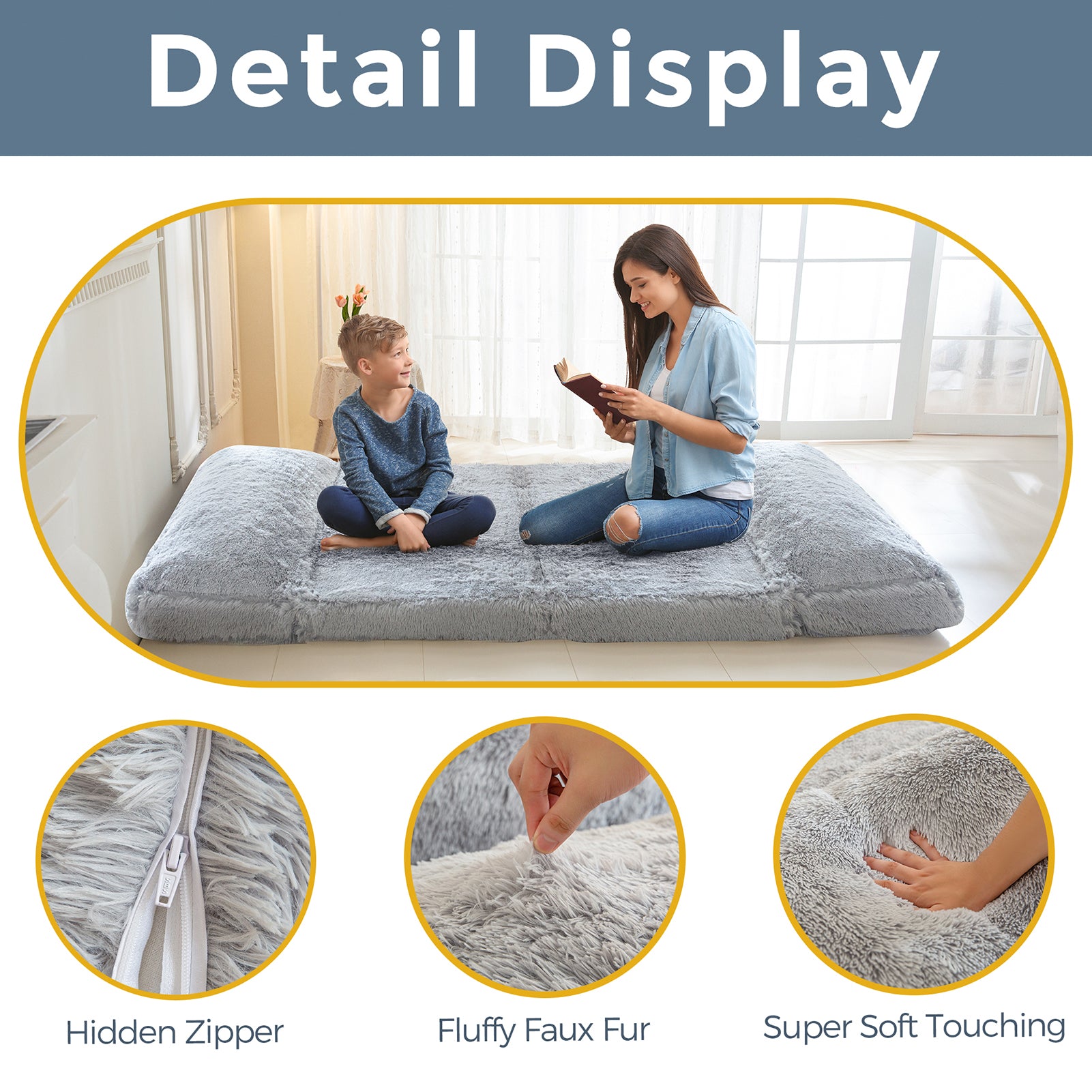 MAXYOYO Folding Floor Sofa Bed - Grey Faux Fur Bean Bag Chair with Foam Filling, Convertible Sleeper for Living Room, Bedroom & Dorm | Comfortable Lounge Seating for Relaxing, Reading & Napping