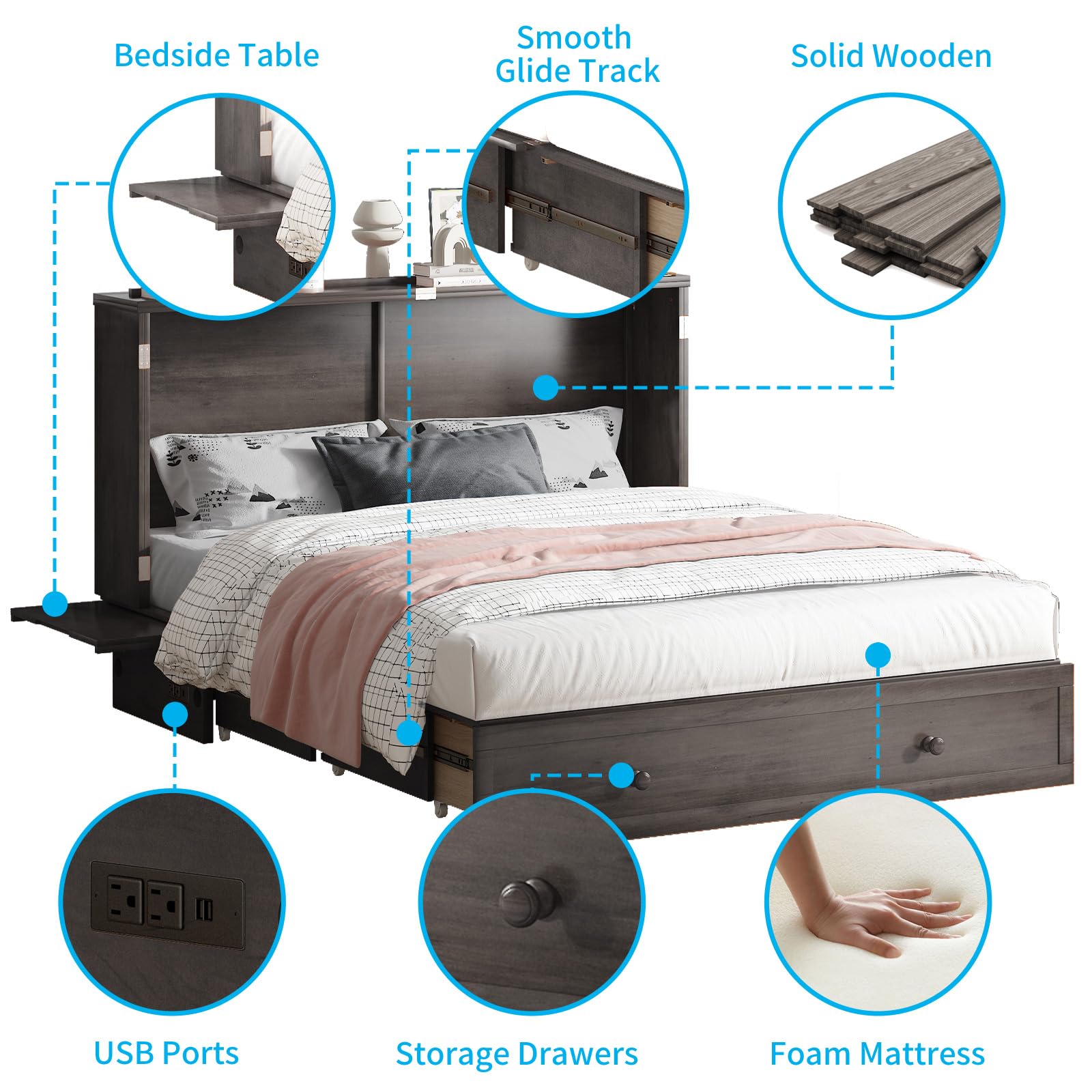 **Mjkone Queen Size Murphy Bed Cabinet with Mattress & Storage Drawers - Wall Bed with USB Charging Station for Guest Room, Bedroom, Office - Space Saving Gray Chest Bed (Perfect for Small Apartments & Home Offices)**