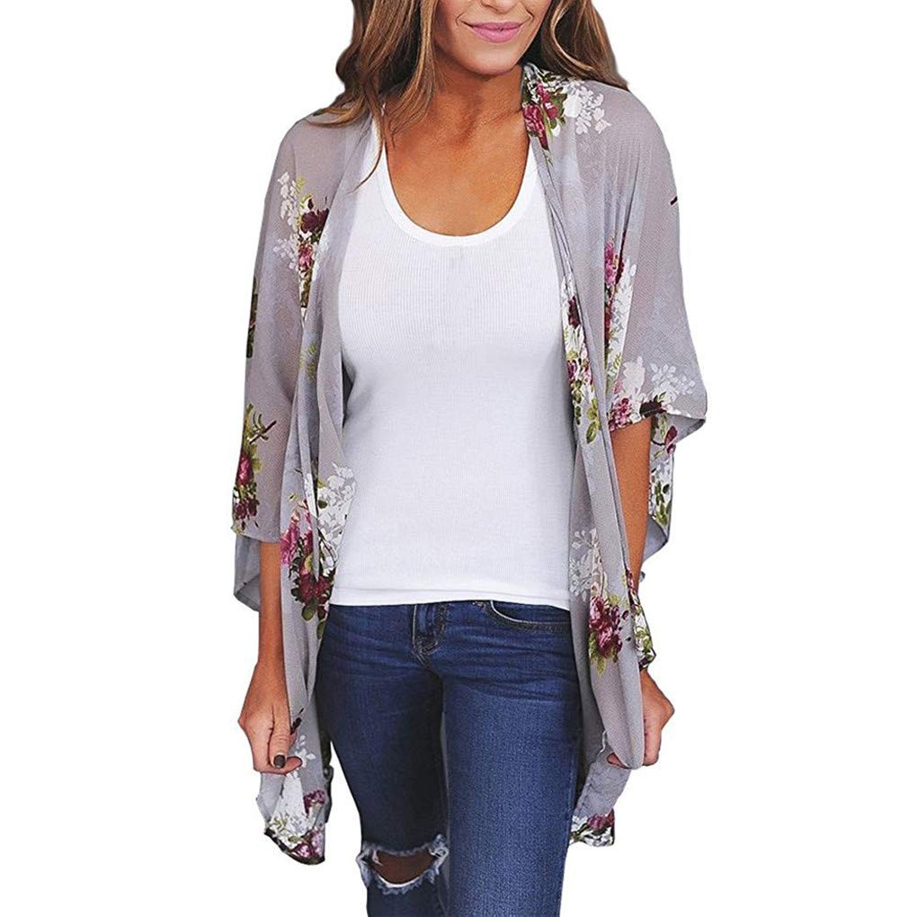 Women's Fashion Chiffon Print Kimono Cardigan - Lightweight Cover Up Blouse for Beach, Summer & Casual Wear (Large, Gray) - Perfect for Vacations, Poolside Lounging & Boho Outfits