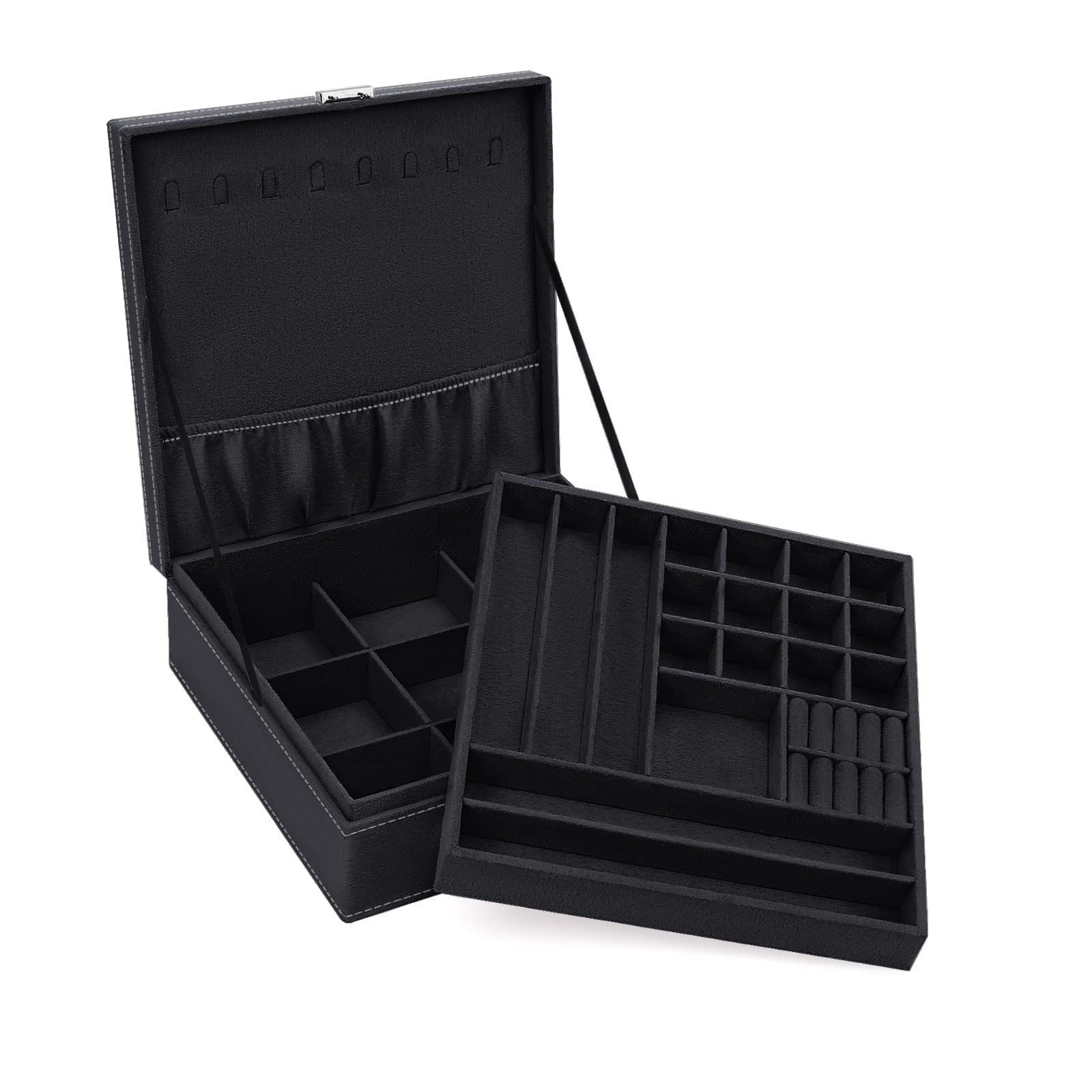MOSISO Jewelry Organizer Box - Stackable Double Layer Lockable Jewelry Storage Case with Velvet Lining for Necklaces, Earrings, Bracelets, Rings & Watches - Perfect Gift for Women & Teens - Black | Great for Bedroom Vanity, Travel & Gift Giving