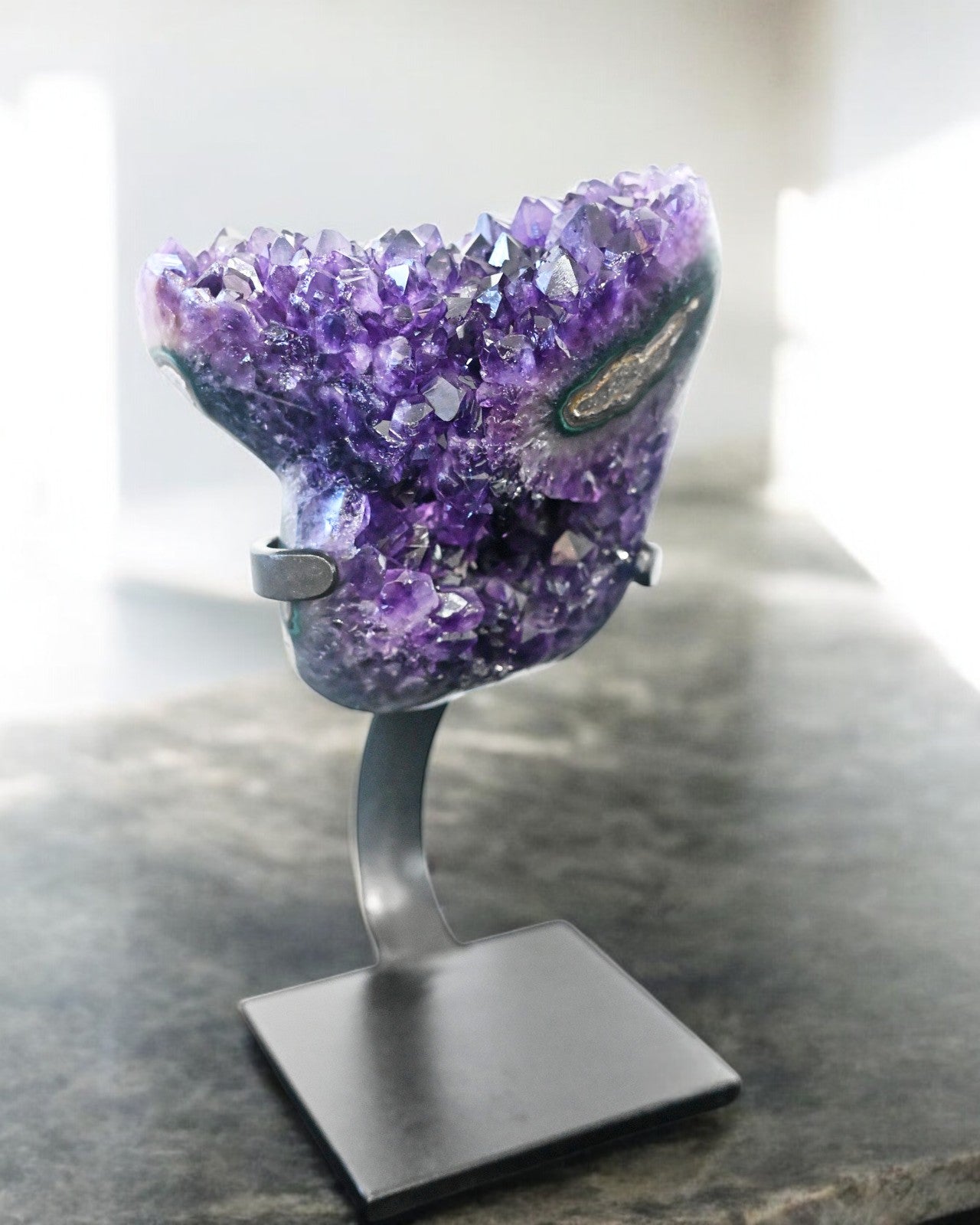 Natural Amethyst Crystal Geode on Wooden Stand - 5.2 lbs Healing Stone for Home Decor, Meditation & Spiritual Gifts | Perfect for Office Desk, Living Room & Yoga Space