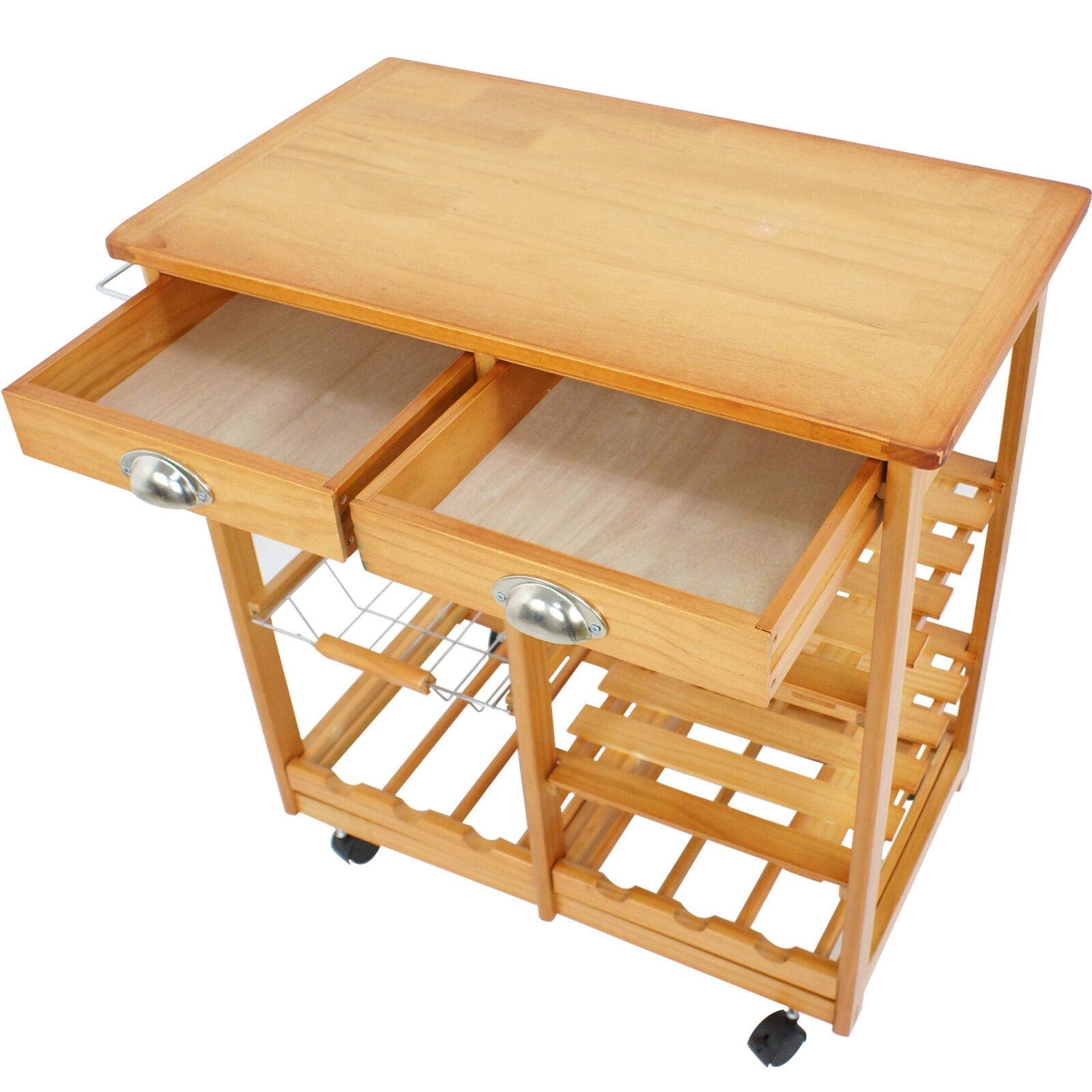 Premium Pine Wood Kitchen Trolley Cart with Wheels - Multi-Functional Rolling Island for Wine Storage, Food Prep & Small Kitchen Organization | Perfect for Compact Spaces, Entertaining & Mobile Cooking Stations