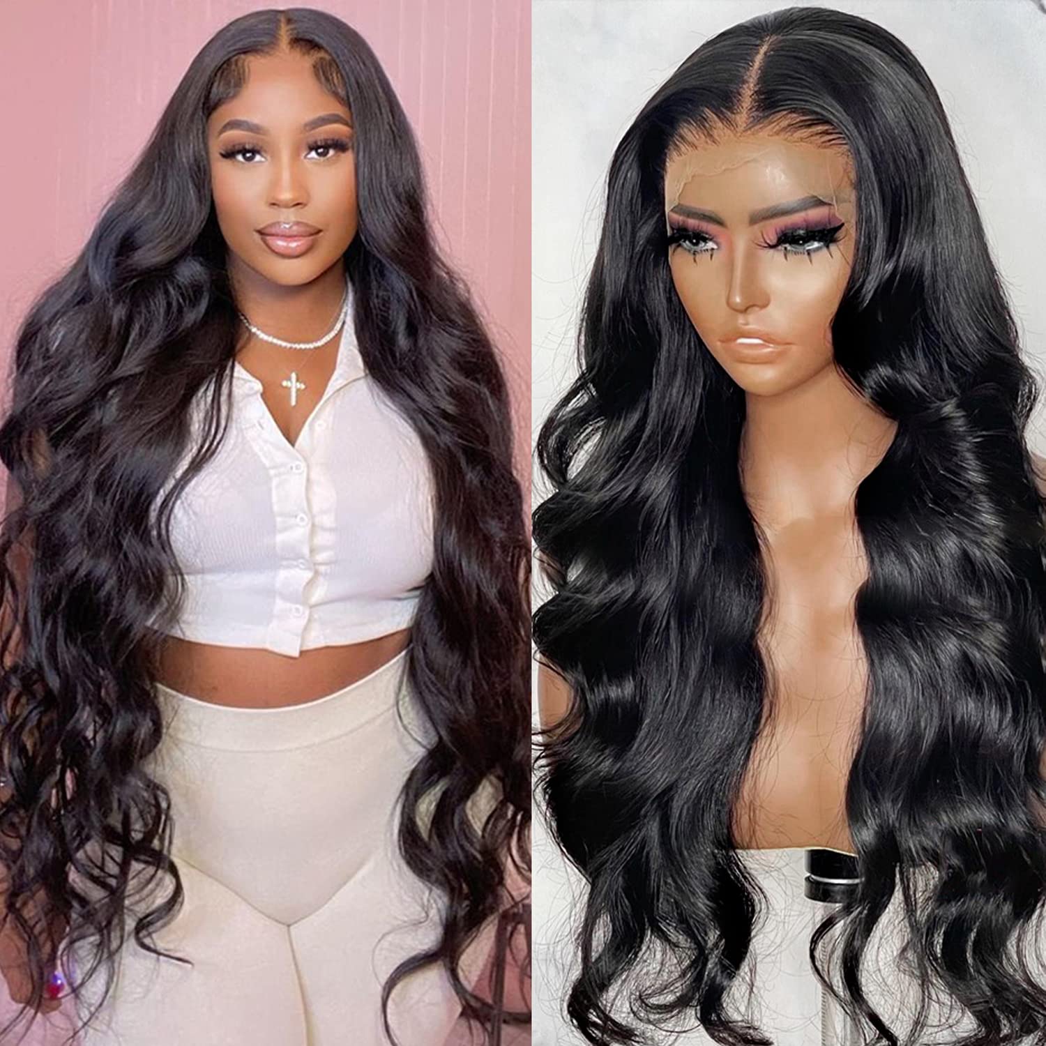 13x4 HD Lace Front Wig Human Hair 180% Density Pre-Plucked with Baby Hair - Brazilian Virgin Hair Body Wave Wig for Black Women - Glueless 24 Inch Natural Black - Perfect for Daily Wear, Special Occasions & Protective Styling