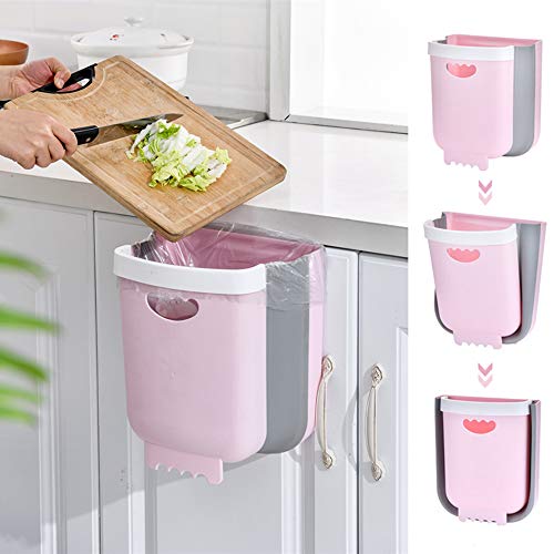 DENZUS Collapsible Hanging Trash Can - 10L/2.6 Gallon Small Kitchen Garbage Bin for Cabinet Door - Portable Folding Waste Container for Home, Office, Camping (Pink) | Space-Saving Solution for Small Kitchens & RVs
