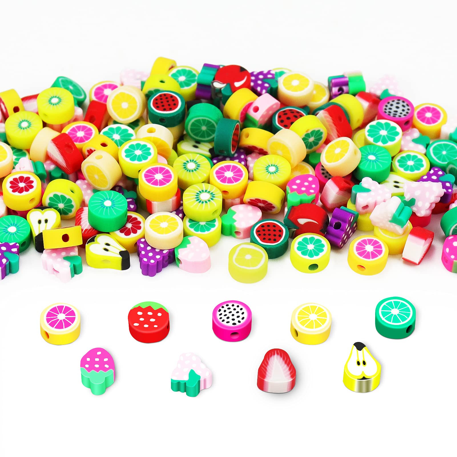 Mity Rain 200pcs 10mm Colorful Polymer Clay Beads - Strawberry Spacer Beads with 16m Crystal Stretch Cords for DIY Jewelry Making, Bracelets, Necklaces, Hair Accessories, and Waist Beads Craft Supplies
