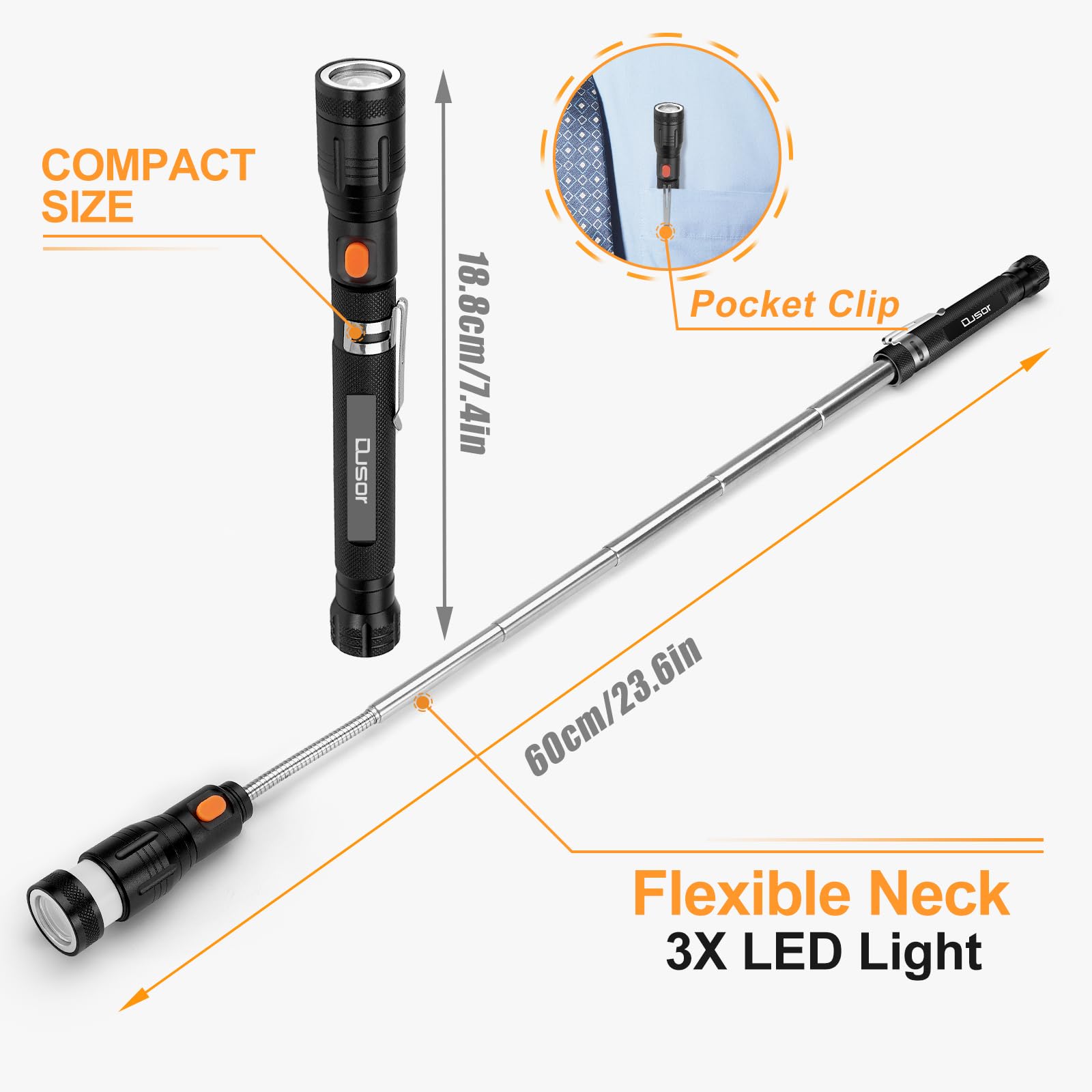 Dusor Magnetic Pickup Tool with LED Lights - Telescoping Extendable Magnet for Retrieving Metal Objects - Great Gift for Men, Dad, Husband, Boyfriend - Perfect for DIY Projects, Car Repair, and Workshop Use