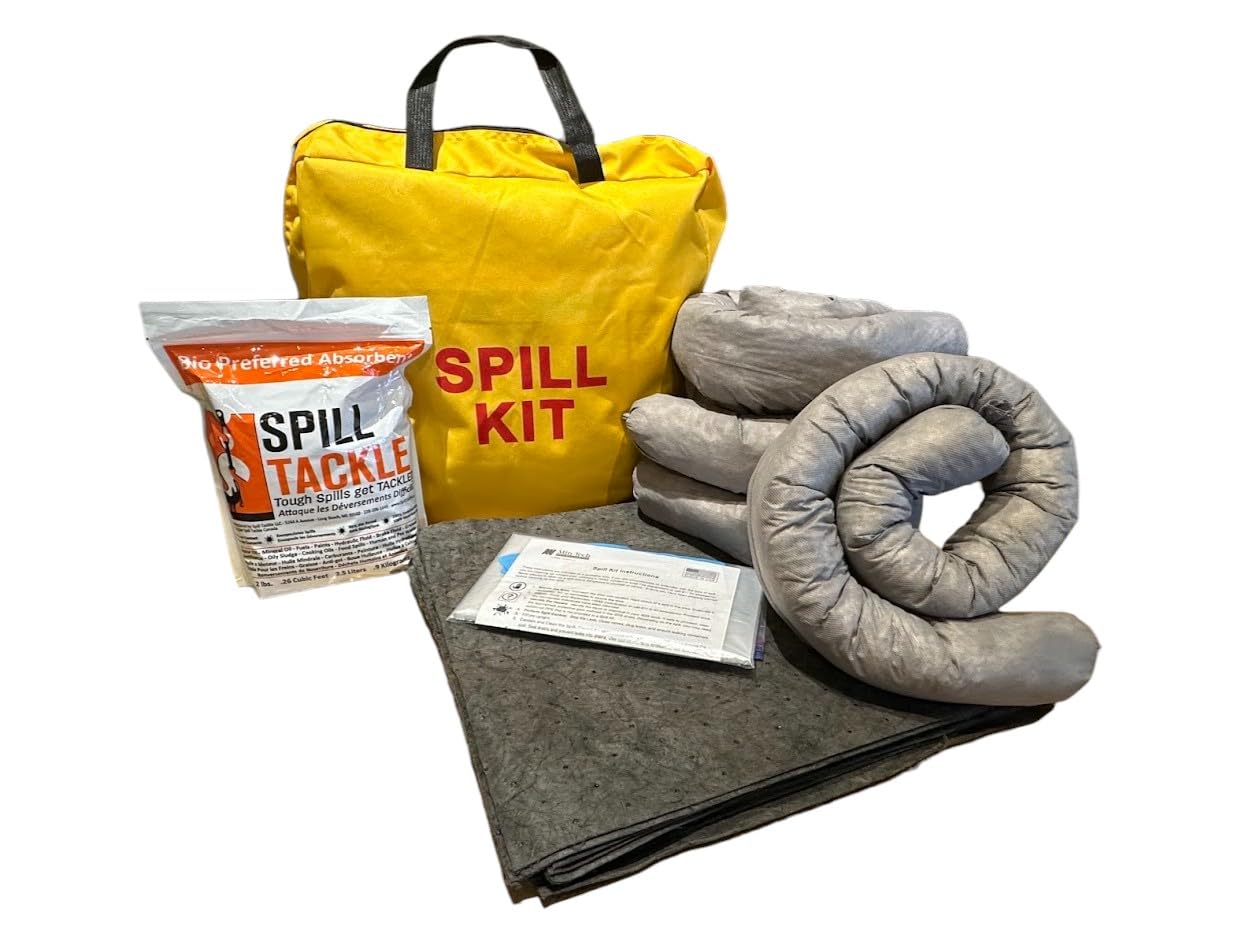 **Universal Spill Kit - 4 Absorbent Socks, 10 Pads, 2 lb Spill Tackle, Gloves & More - Yellow Duffle Bag for Hazardous Liquid Cleanup - Ideal for Labs, Garages, Factories**