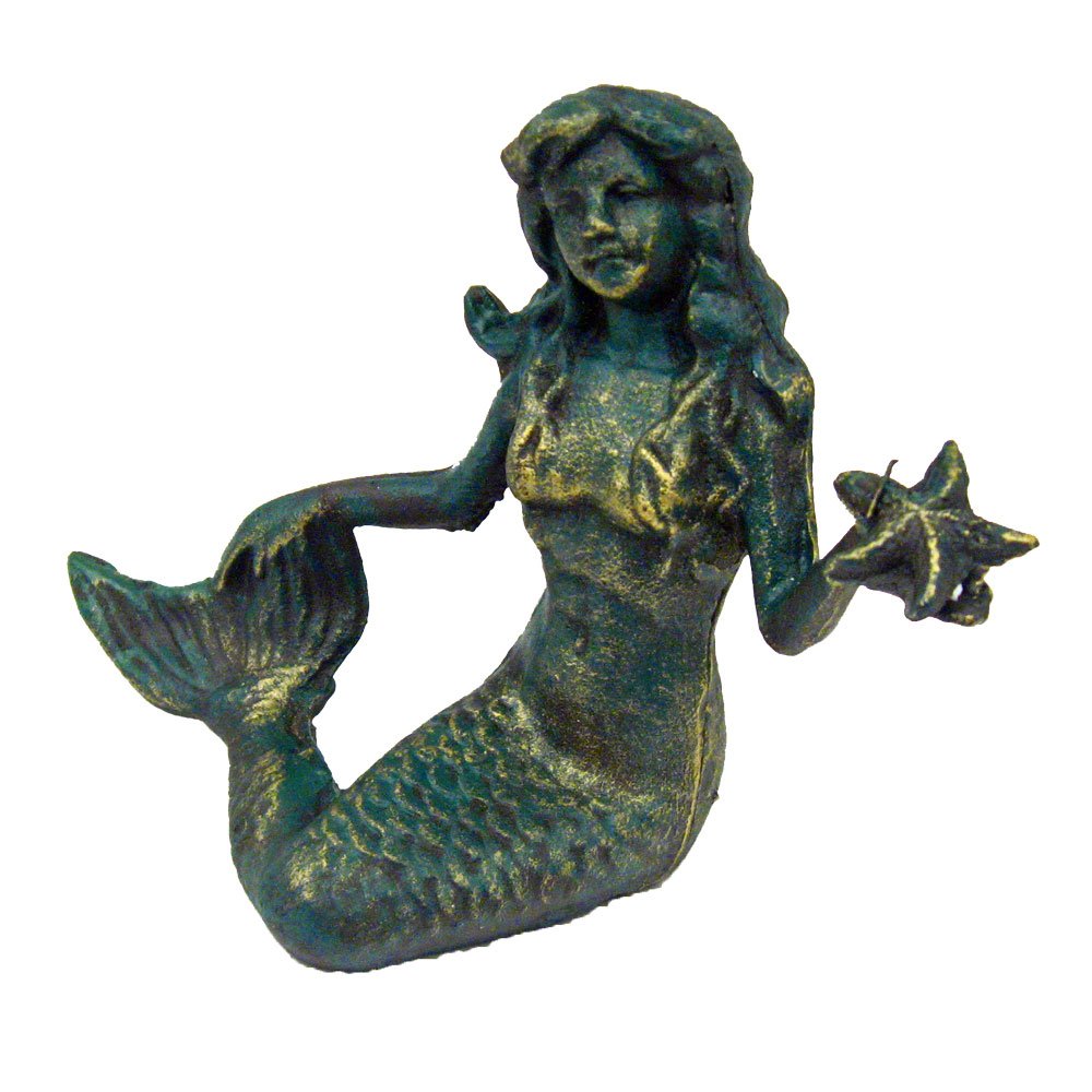 GSM Iron Mermaid Holding Starfish Statue - Elegant Home Decor for Beach House, Coastal Living Room, or Garden Display