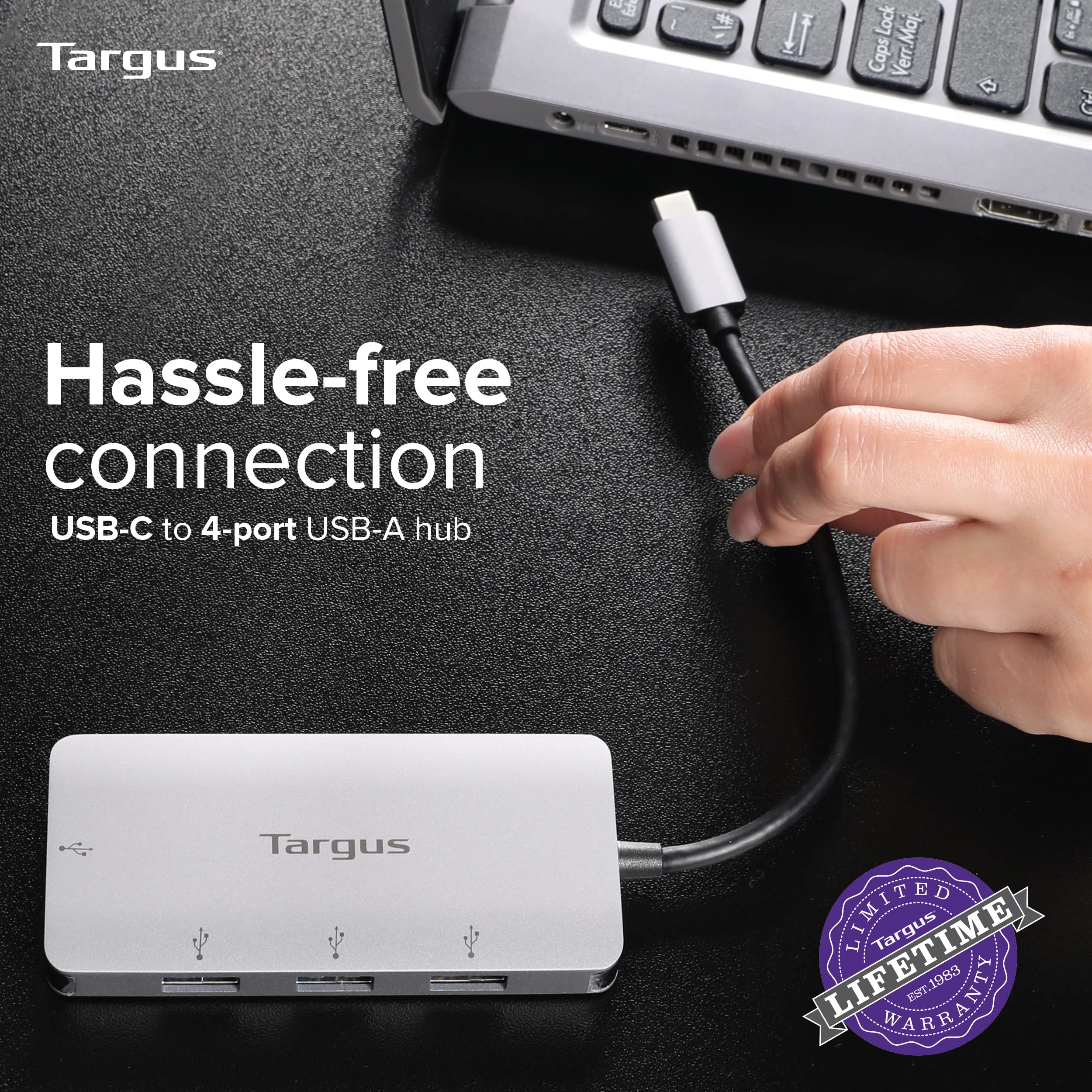 Targus USB-C to 4-Port USB-A Hub - Universal Laptop Adapter for MacBook, Chromebook, Windows - Portable Silver (ACH226EU) - Perfect for Office, Travel & Home Workspace Connectivity