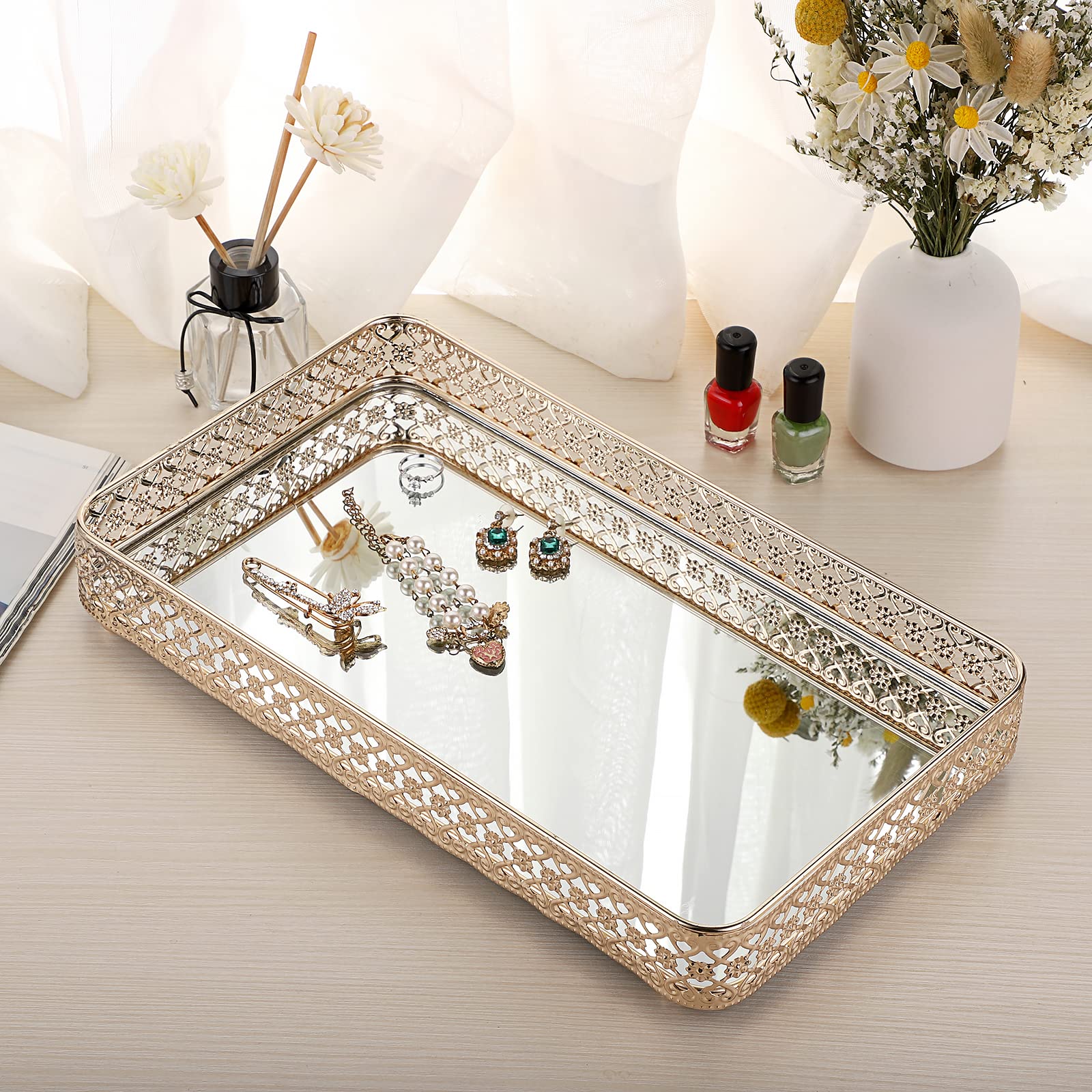 ELLDOO Gold Vanity Tray for Jewelry & Makeup - Large Hollow-Carved Glass & Metal Organizer with Mirror - Perfect for Dresser, Bathroom Countertop, and Bedroom Decor | Gift Idea for Women