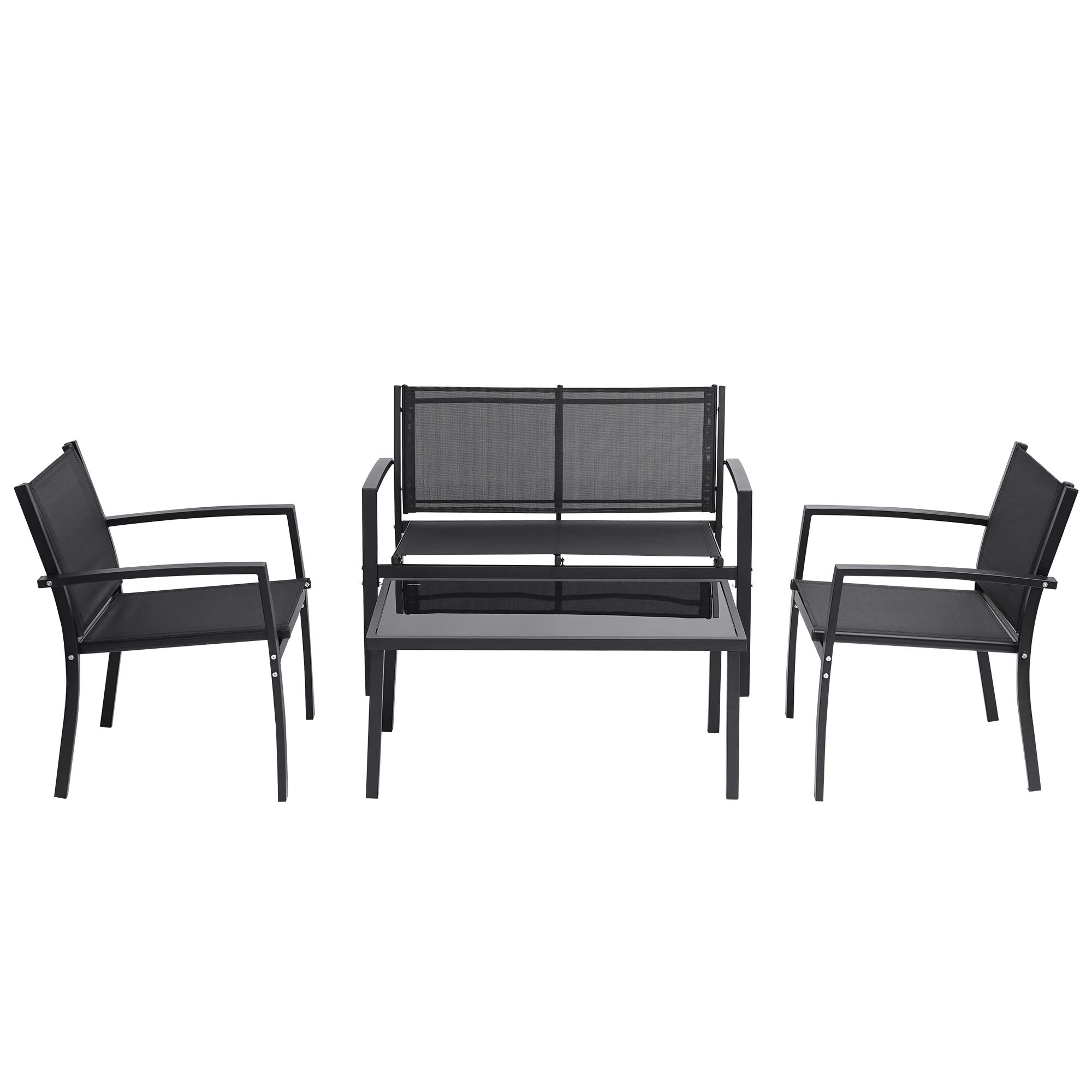 4-Piece Black Outdoor Patio Furniture Set with Glass Coffee Table - Garden, Poolside, Lawn, Yard, Balcony, Porch & Bistro Conversation Set - Perfect for Relaxing, Entertaining & Outdoor Dining