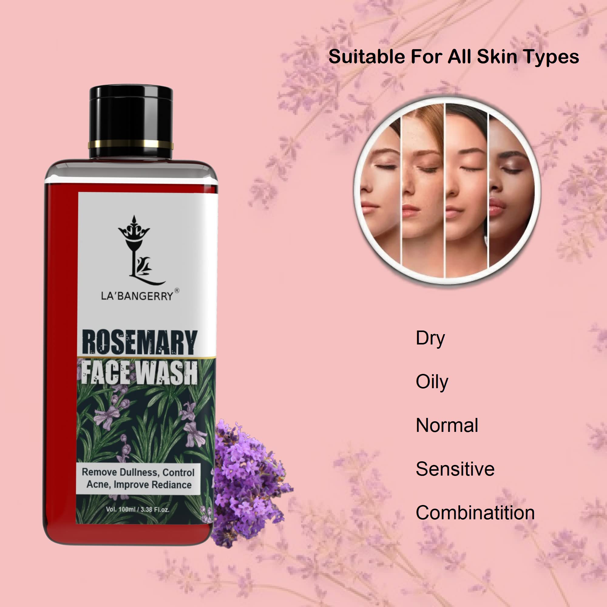 LA'BANGERRY Rosemary Facial Cleanser - Instant Refresh & Deep Cleansing | No-Rinse Formula with Rosemary Extract | 100ml | Perfect for Travel, Gym & On-the-Go Skincare