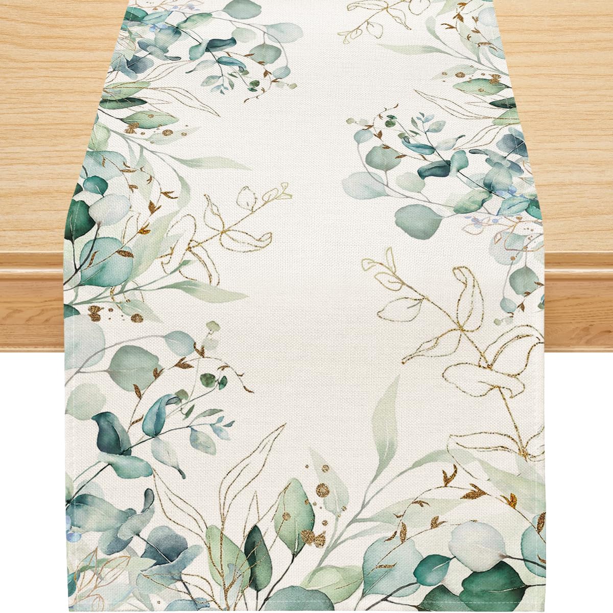Eucalyptus Leaves Spring Table Runner - 13x90 Inch Off White Burlap Tablecloth for Dining Room Decor, Seasonal Spring Summer Holiday Decoration - Perfect for Easter, Mother's Day & Wedding Table Settings