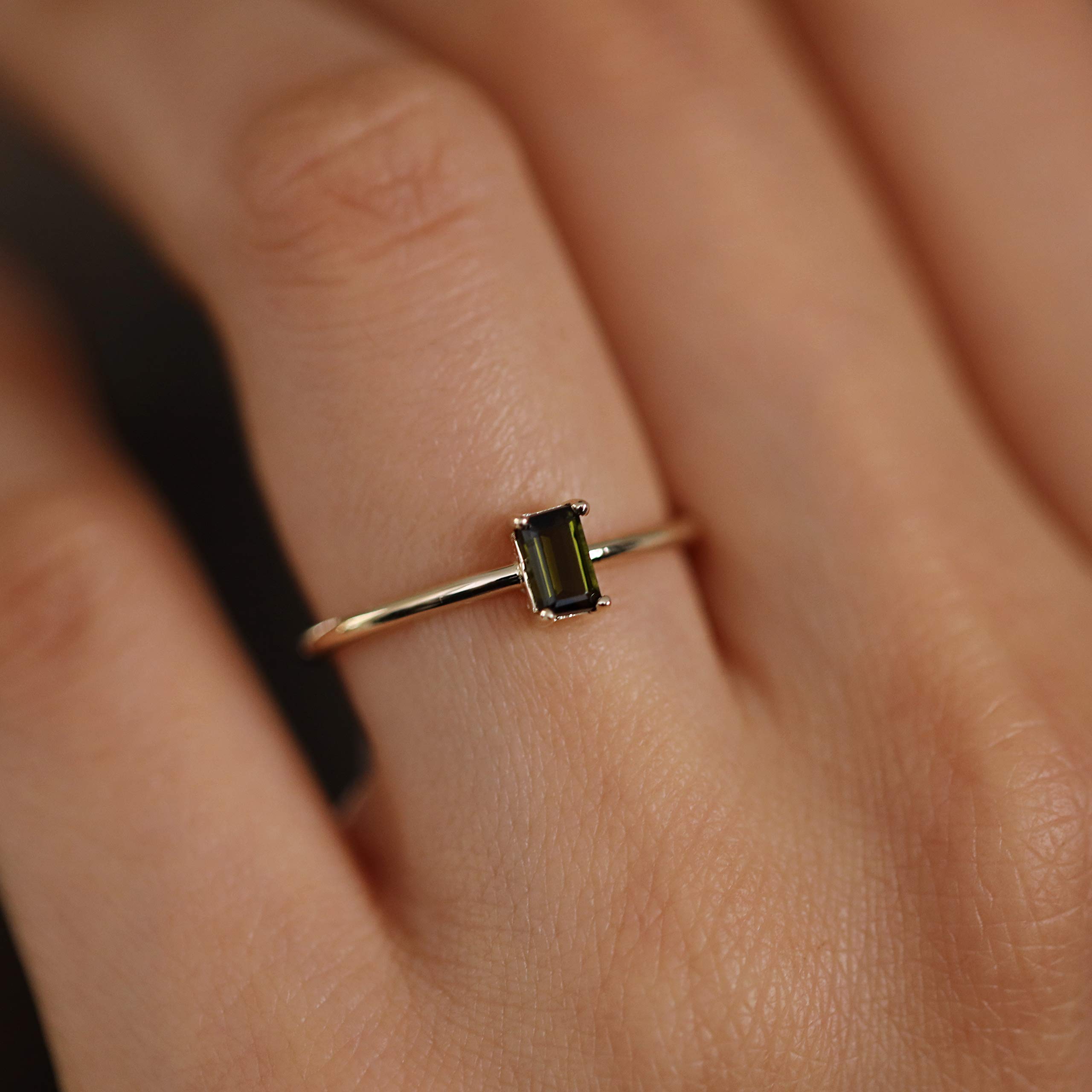14K Solid Gold Olive Green Tourmaline Solitaire Ring - Baguette Cut Minimalist Birthstone Jewelry for Women, Perfect for Everyday Wear, Anniversary Gifts & Special Occasions