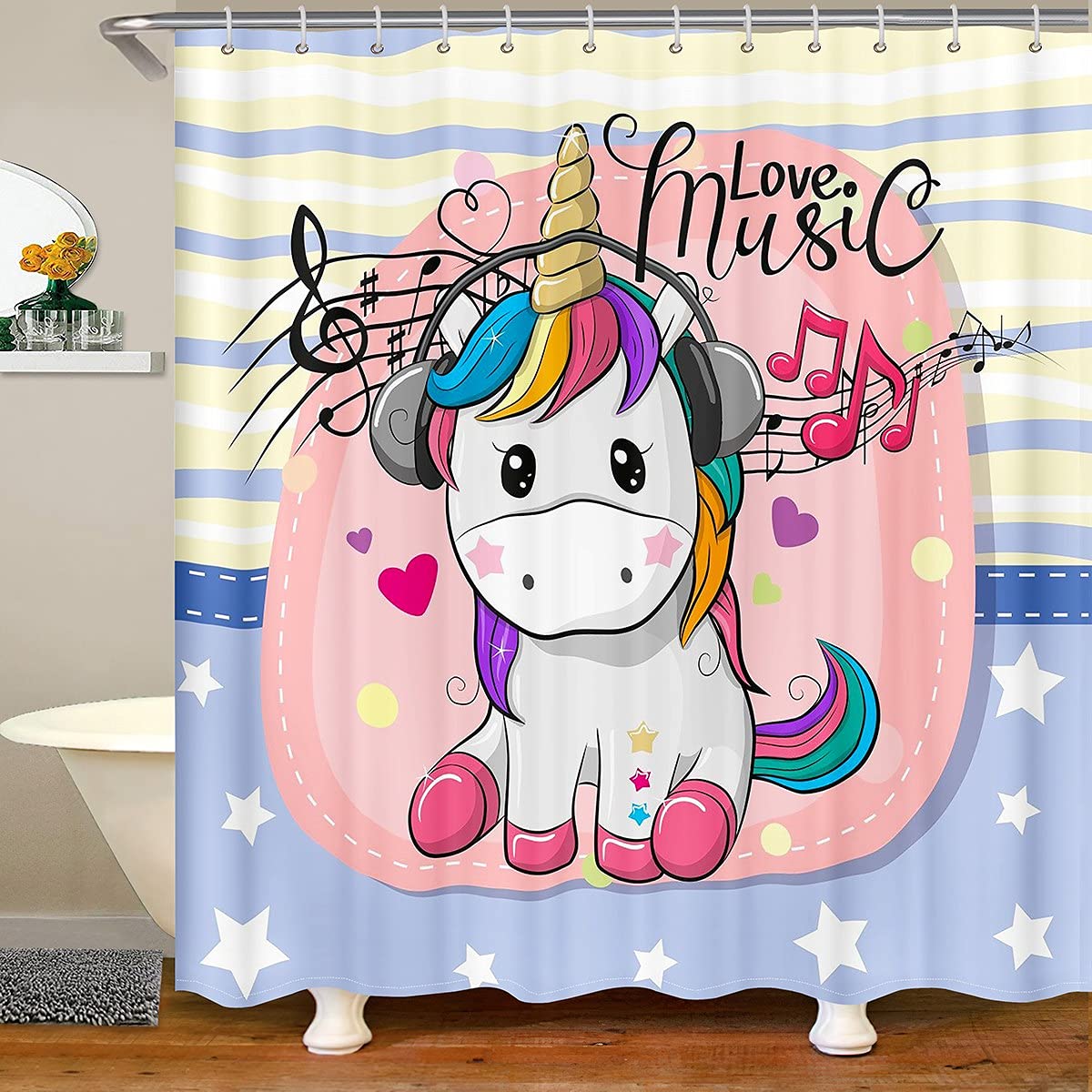 Cartoon Unicorn Waterproof Shower Curtain - Kawaii Animal Bathroom Decor for Girls & Kids, Cute Horse with Headphones & Musical Notes Design - 72x78 Inch Colorful Clawfoot Tub Curtain - Perfect for Kids' Bathrooms, Nursery Decor & Themed Bathroom Makeovers