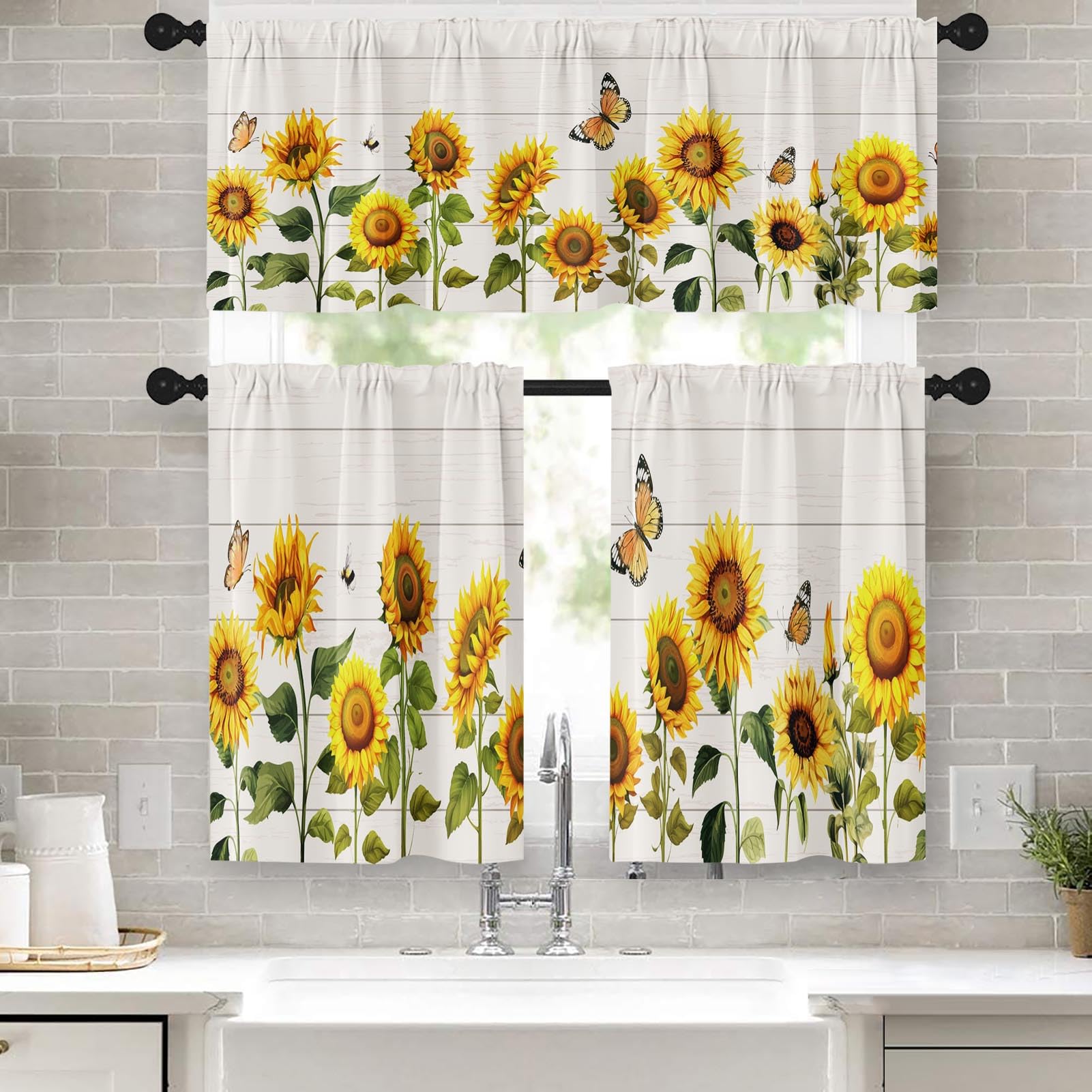 Emvency 36 Inch Sunflower Kitchen Window Curtains Valance & Tier Set - 3 Piece Spring Butterfly Summer Short Curtains for Living Room & Bedroom | Perfect for Farmhouse Decor, Cottage Style Windows & Cozy Home Accents