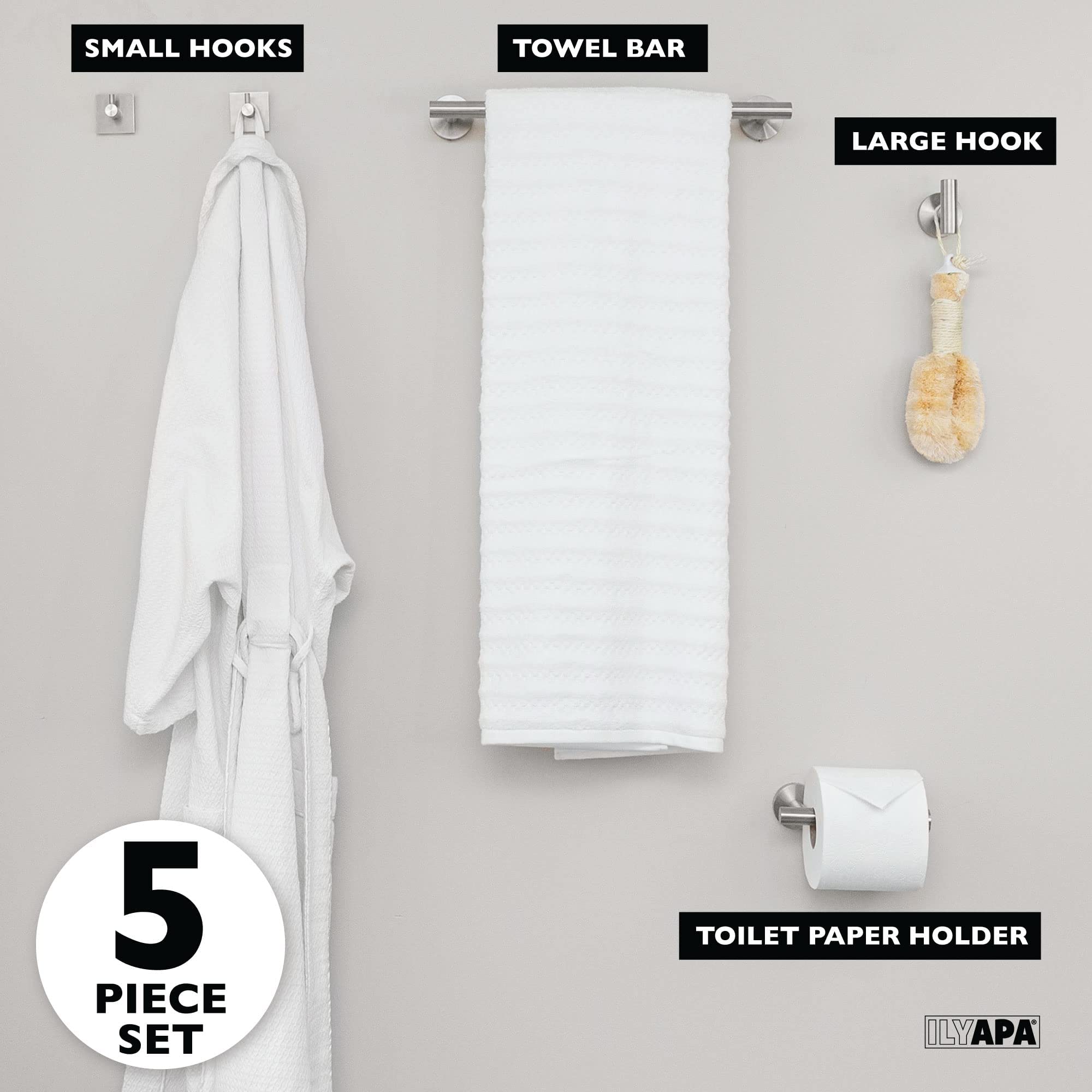 Ilyapa 5-Piece Brushed Nickel Bathroom Hardware Set - Wall Mounted Towel Bar, Toilet Paper Holder & Hooks (1 Large + 2 Small) for Modern Bathrooms - Satin Nickel Finish for Home & Hotel Use
