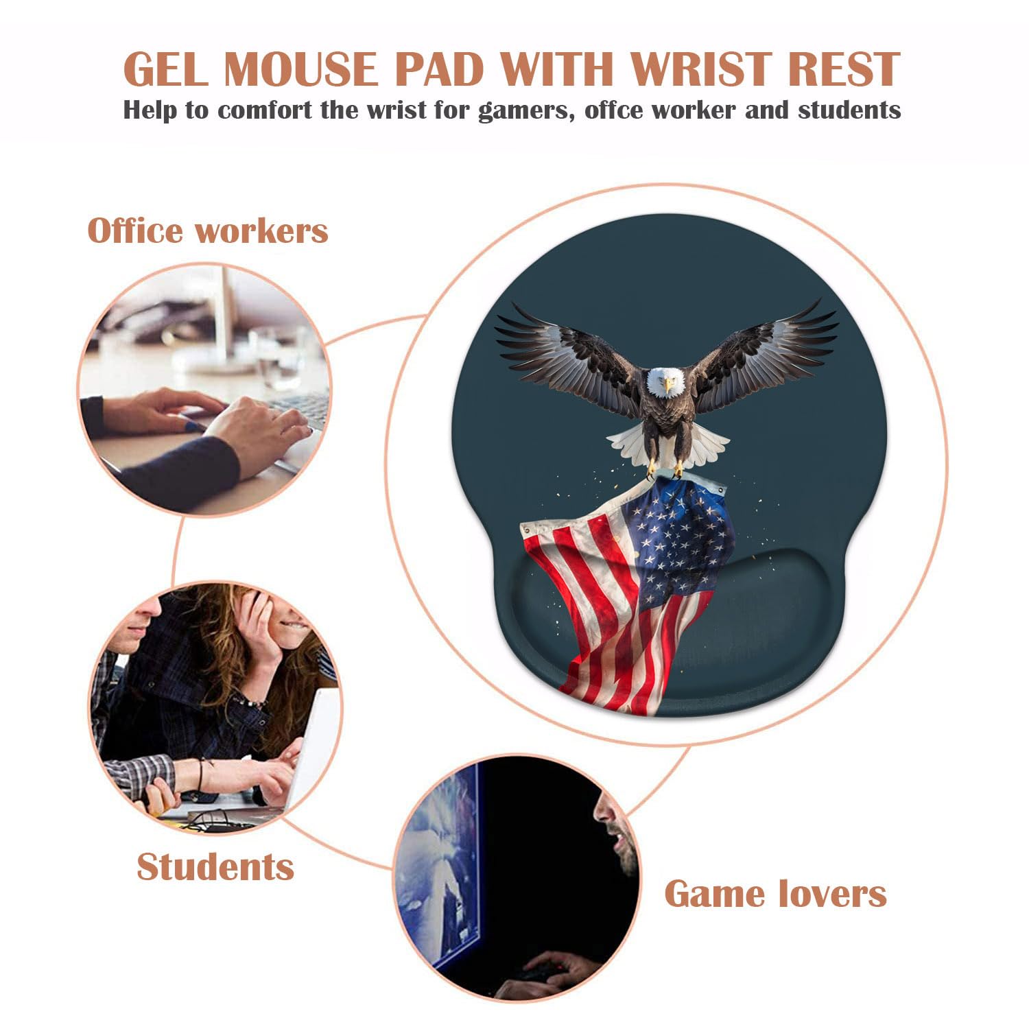 Ergonomic Mouse Pad with Wrist Support & Non-Slip PU Base - Cute Coffee Coaster Included - Comfortable for Office, Gaming & Computer Work - Pain Relief & Easy Typing - Patriotic American Flag & Eagle Design - Perfect for Home Office, Workstations & Long Computing Sessions