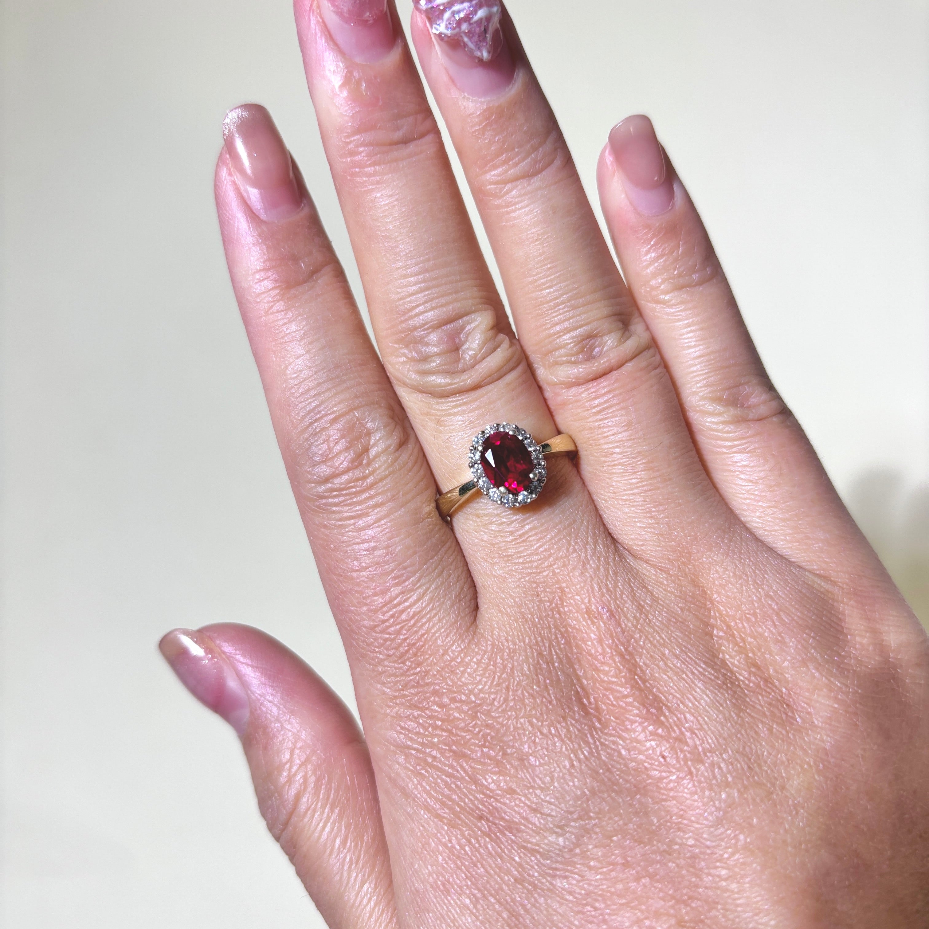 10K Gold Plated Synthetic Ruby and Diamond Halo Engagement Ring - 1.50ct Oval Ruby with 0.22ctw Diamond Accents - Size 7.5 - Perfect for Anniversary Gifts, Valentine's Day Proposal, and Bridal Jewelry