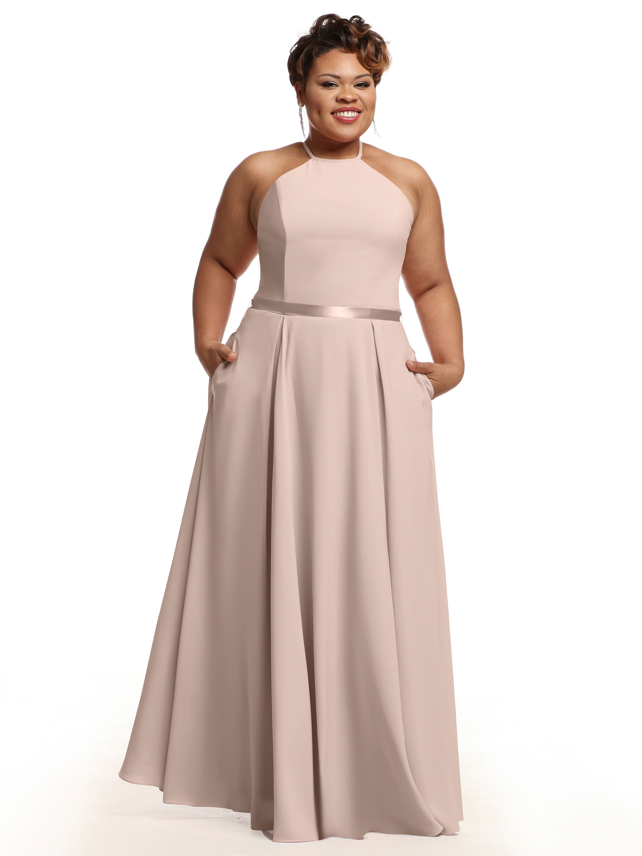 Elegant A-Line Stretch Chiffon Bridesmaid Dress with Halter Neckline & Waist Belt - Perfect for Weddings, Formal Events & Special Occasions