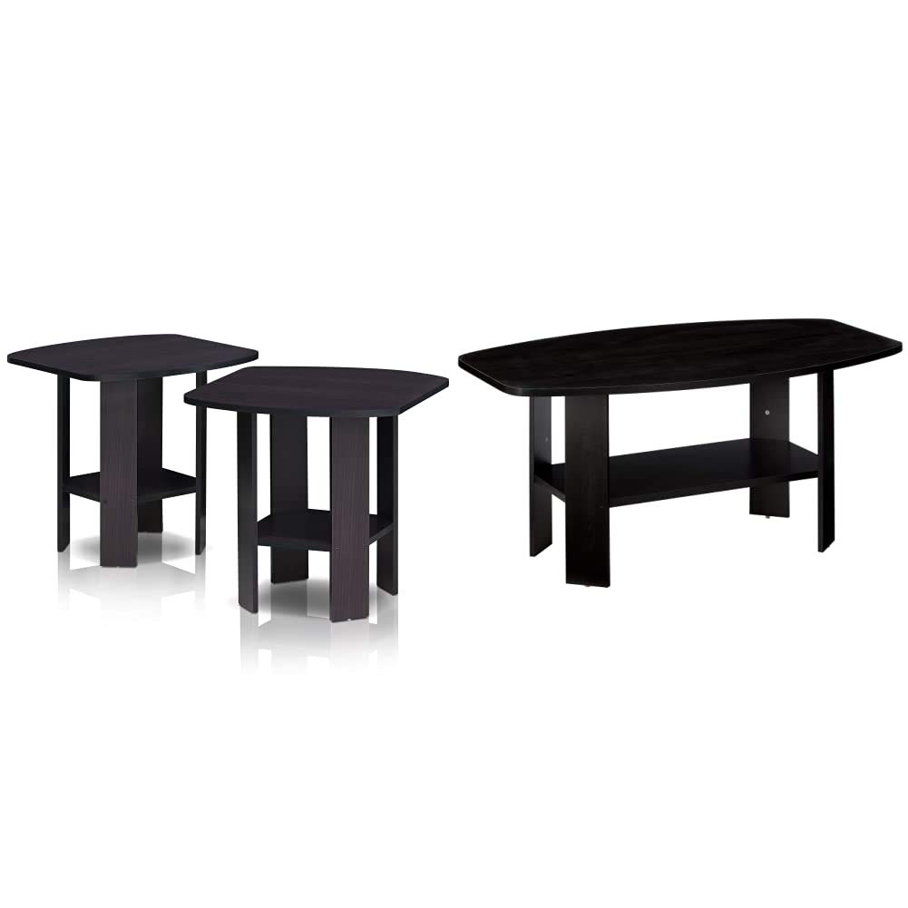 Furinno Simple Design End Table & Coffee Table Set, 2-Piece Dark Walnut & Espresso Finish - Perfect for Living Room, Bedroom, or Office Furniture