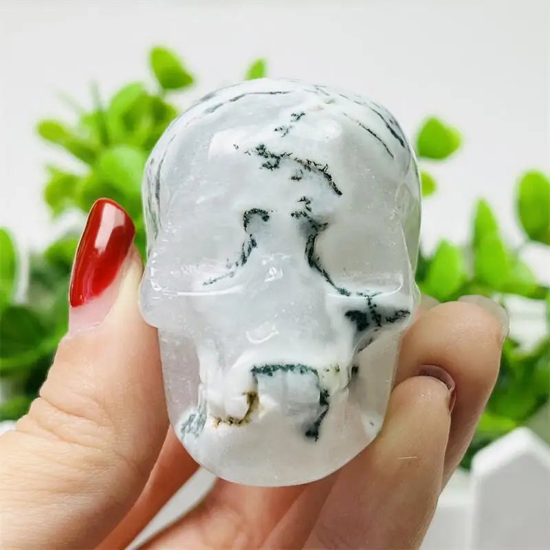 4.9CM Natural Moss Agate Skull Carving Sculpture - Healing Crystal Gemstone for Home Decor, Meditation & Spiritual Healing - Unique Handcrafted Ornament for Office Desk, Altar Display or Gift Giving