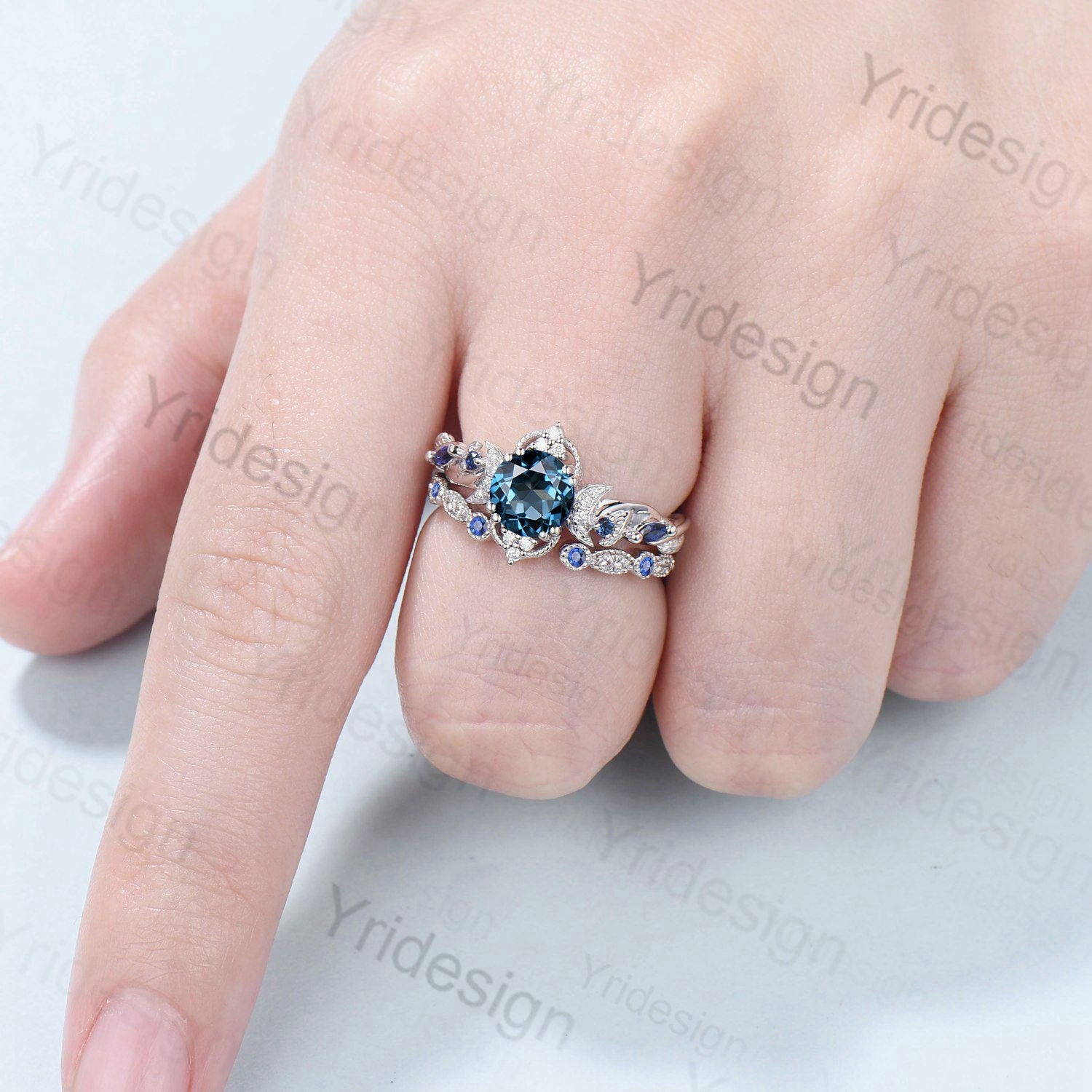 London Blue Topaz Engagement Ring Set for Women – Nature Inspired Art Deco Wedding Ring with Open Gap Sapphire Accents | Perfect for Bridal, Anniversary & Special Occasion Gifts